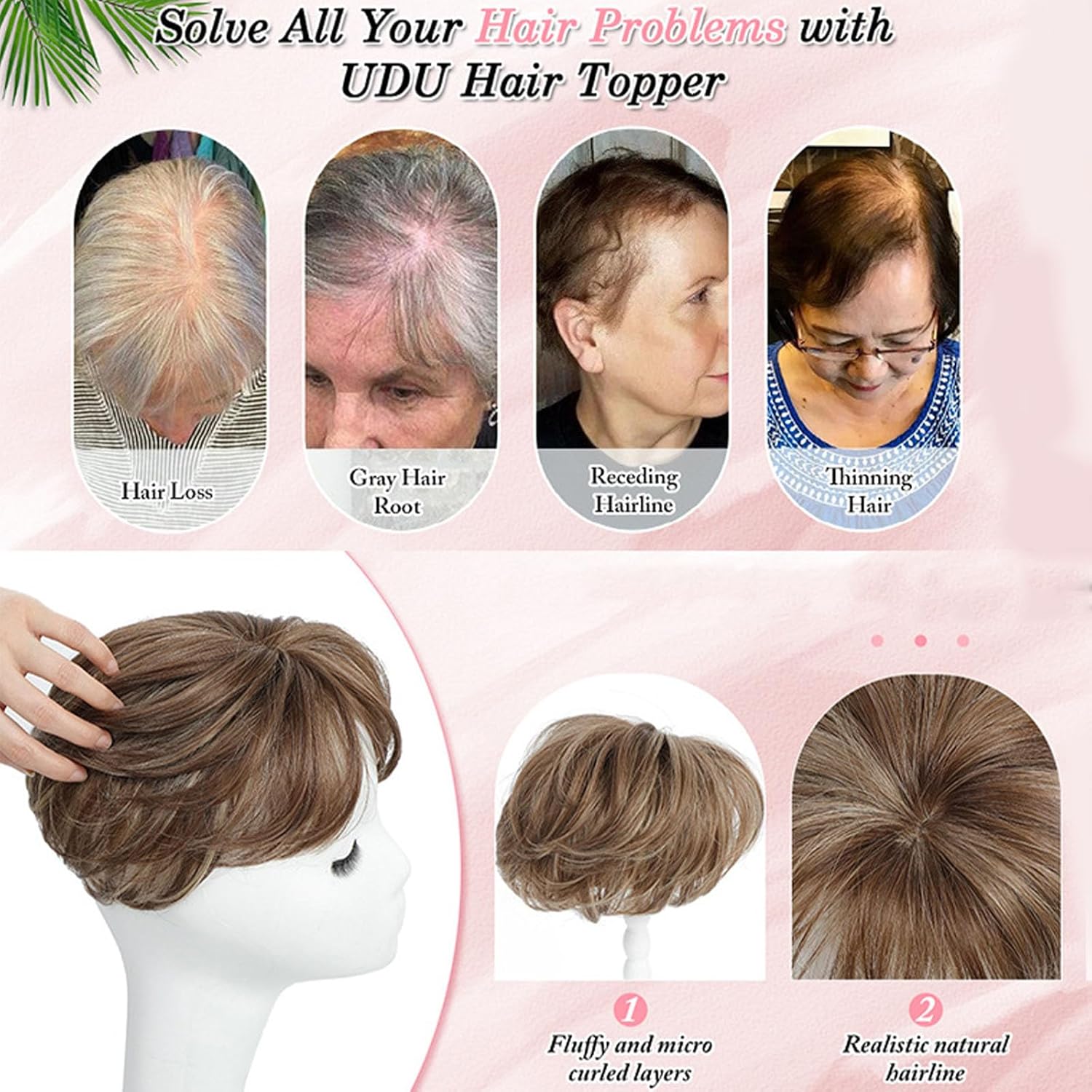 Synthetic Hair Topper for Women, Short Pixie Cut with Bangs, Micro Curls, 7x7 Inches, Grey, Silver