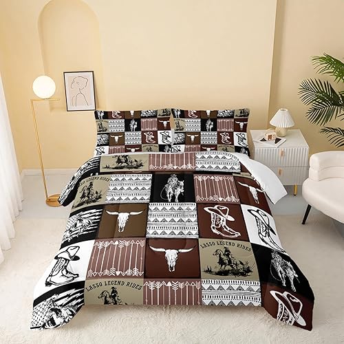 Miniatura 2 de QOOMO Juego de ropa de cama de vaquero occidental a rayas, cuadrícula geométrica, marrón, a cuadros, juego de edredón para niños, con estampado de