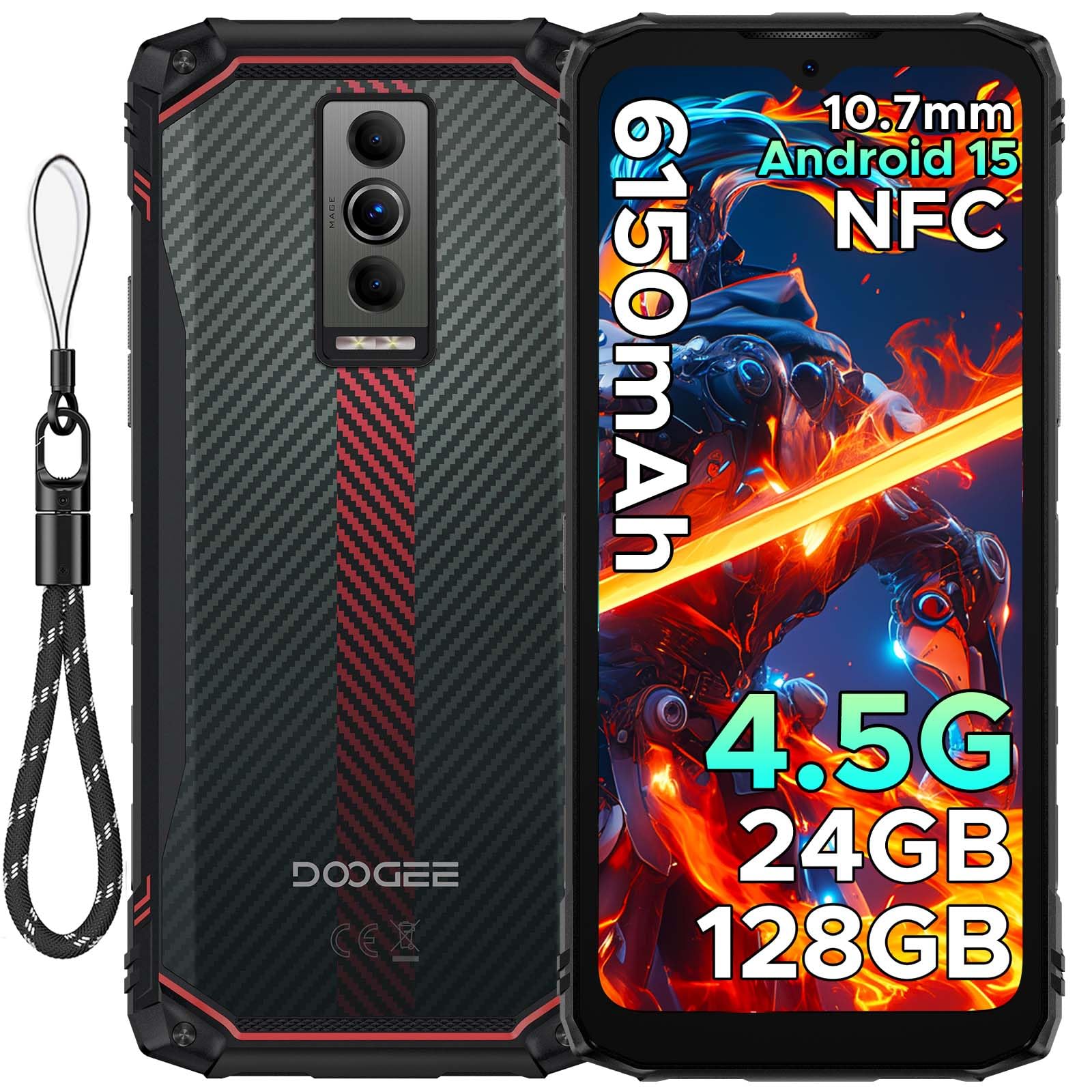 DOOGEE Blade10 Energy Android 15 Rugged Smartphone 4.5G,10.7mm Ultra-Thin,24GB+128GB/TF 2TB Octa Core Rugged Phone,6.56"HD+ 90Hz,16MP Camera,IP68/IP69K Waterproof Phone,6150mAh/Widevine L1/NFC/Face ID