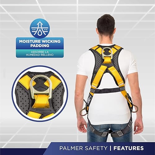 Miniatura 10 de Palmer Safety Arnés de cuerpo completo con ajuste de 5 puntos, anillo en D dorsal, patas con ojales, anillos en D laterales e indicadores de caída