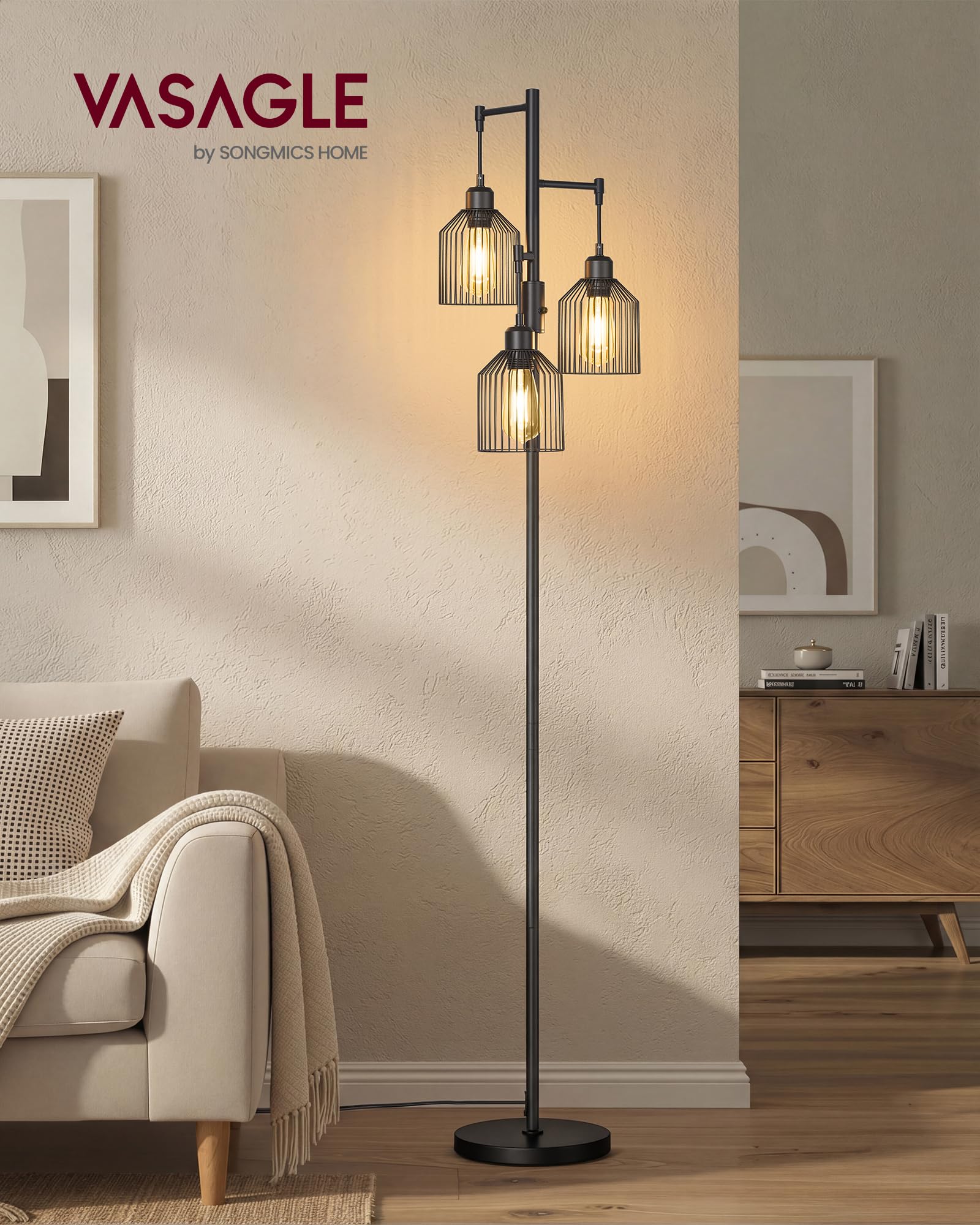 Lampa podłogowa VASAGLE, lampa stojąca, lampa podłogowa z 3 źródłami światła, regulowana jasność, klosz metalowy, 3 gniazda E27, nowoczesna, atramentowa czerń LFL013BD02