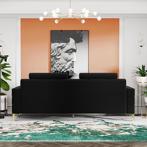 Miniatura 7 de Sofá de tres asientos de terciopelo de 85 "de terciopelo para sala de estar, sofá de tres asientos, 5.9 in, pies de hierro chapados en oro (15 negro)