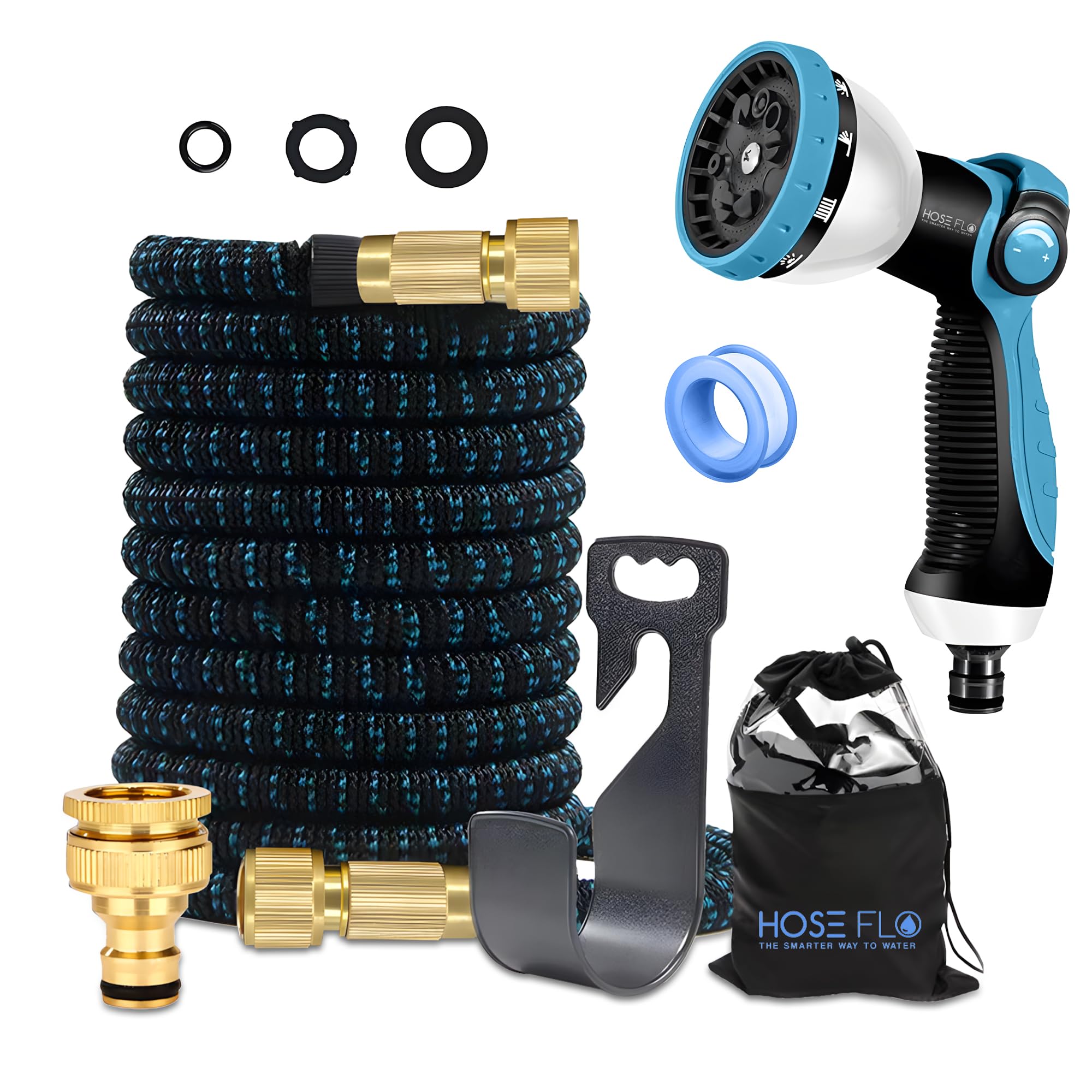 Hoseflo Blue Expandable Garden Hose Pipe 50Ft Flexible Retractable Water Hose, Kink-Free Lightweight Hose With 10 Function Spray Gun, Leak Resistant For Garden, Patio & Car Washing