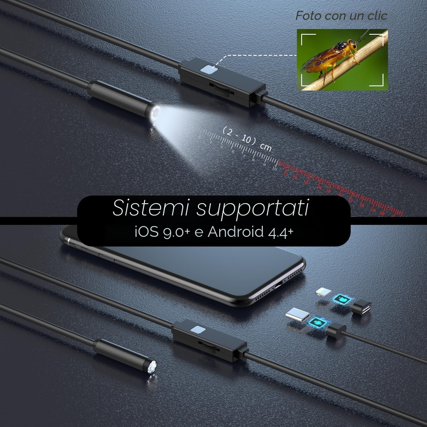 Endoscopio per Smartphone, 1080P HD Telecamera Endoscopica, Endoscopio con 8 LED 7,9 mm IP67 Sonda Impermeabile Cavo Semirigido, non c'è bisogno di Wi-Fi Compatibile con iOS e Android 16.4ft/5M