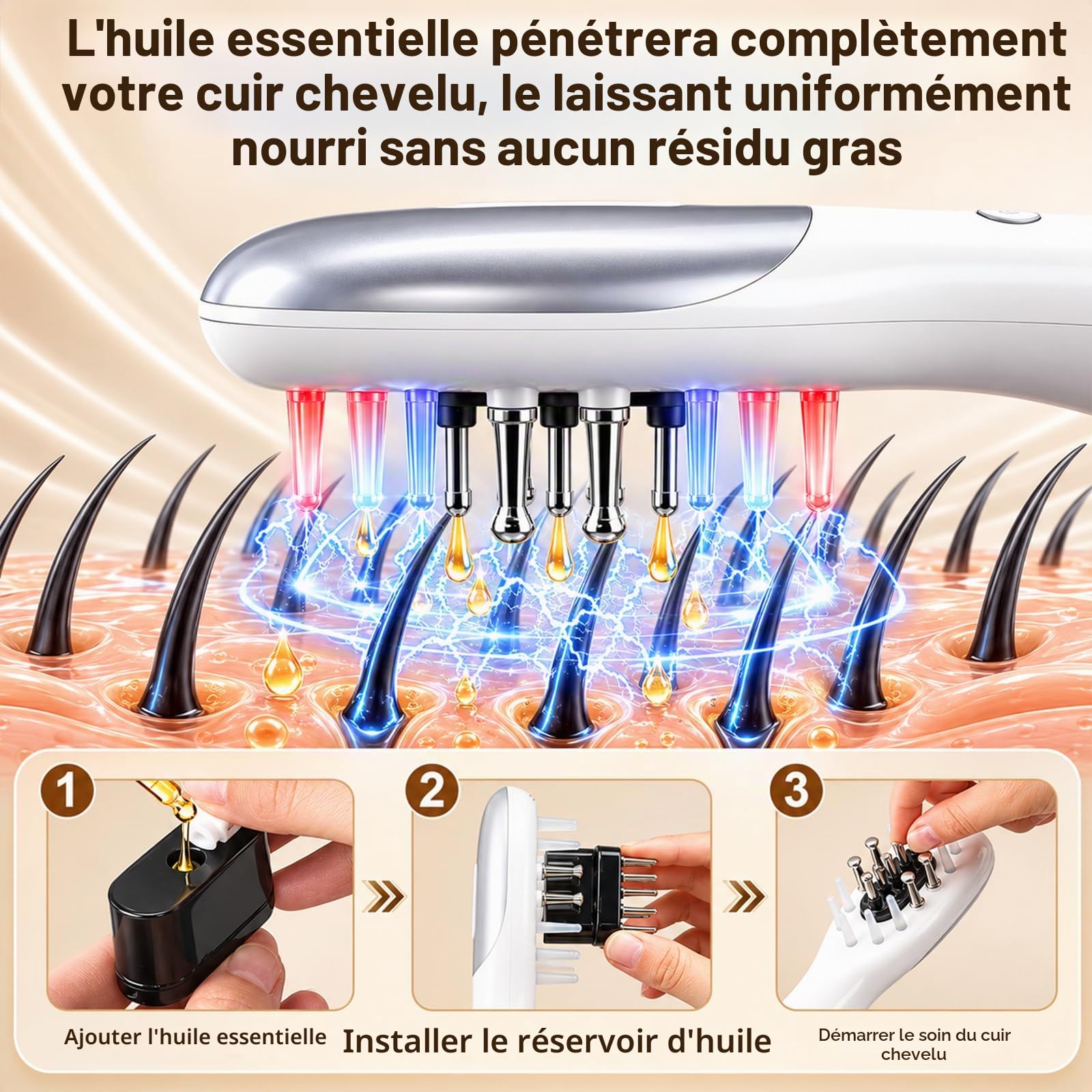 Brosse de Massage É‌lectrique Pour le Cuir Chevelu, Brosse de Massage Portable Pour la Tête à Lumière Rouge et Bleue, Microcourant EMS et Vibration, Favorise la Croissance des Cheveux