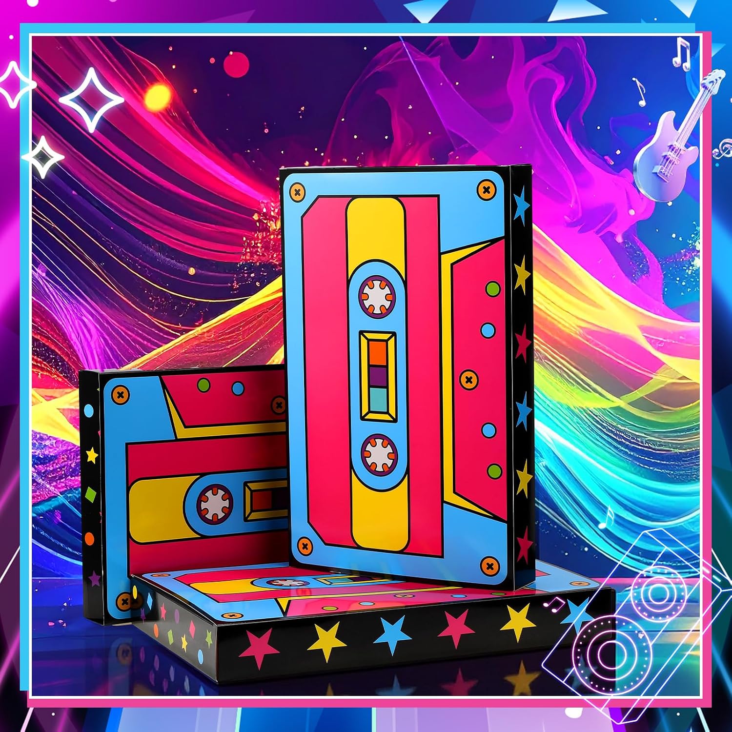 Gueevin 6 Pcs 80s 90s 2000s Party Decorations Cassette Tape Boxes | Disco Party Favor Boxes 16 x 10 Inch Cardboard Candy Box Photo Booth Prop for Hip Hop Rock and Roll Music Event Birthday