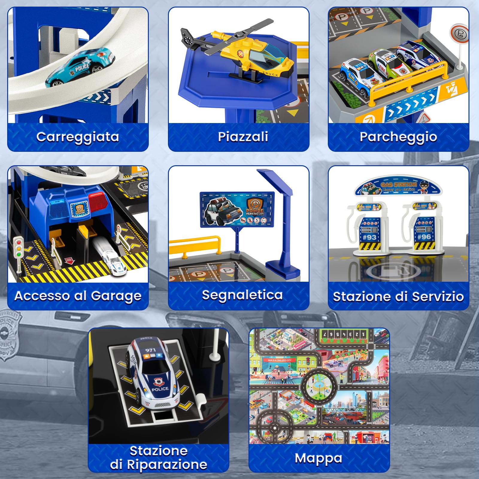BuzzoXerex 5 Piani Garage Mmacchine per Bambini, Parcheggio Macchinine con 14 Autos e 2 Elicottero, Giocattolo Auto Garage con Ascensore e Rampe, Idea Regalo per Bambini 5 6 7 8 9 Anni (Polizia)