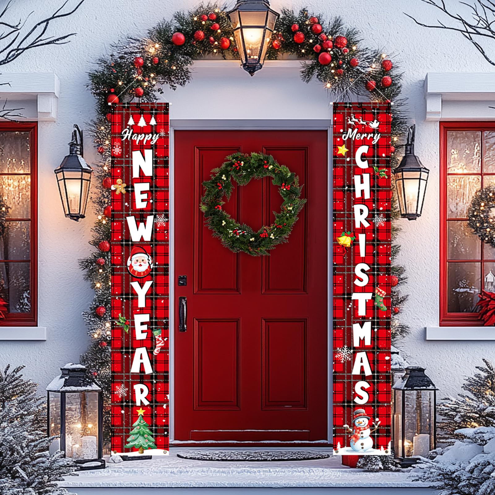Christmas Decorations Outdoor, Merry Christmas Porch Banner, Buffalo Plaid Door Decoration, New Year Hanging Welcome Signs for Wall Front Door Yard Xmas Holiday Party Decor
