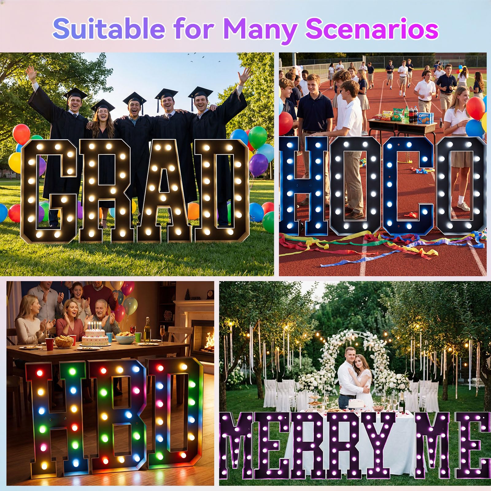 Ledido Grandes lettres lumineuses de 1,2 m pour décoration de fête, mariage, remise de diplôme, anniversaire, lettres de chapiteau noires de 1,2 m de haut avec télécommande, 34 couleurs changeantes