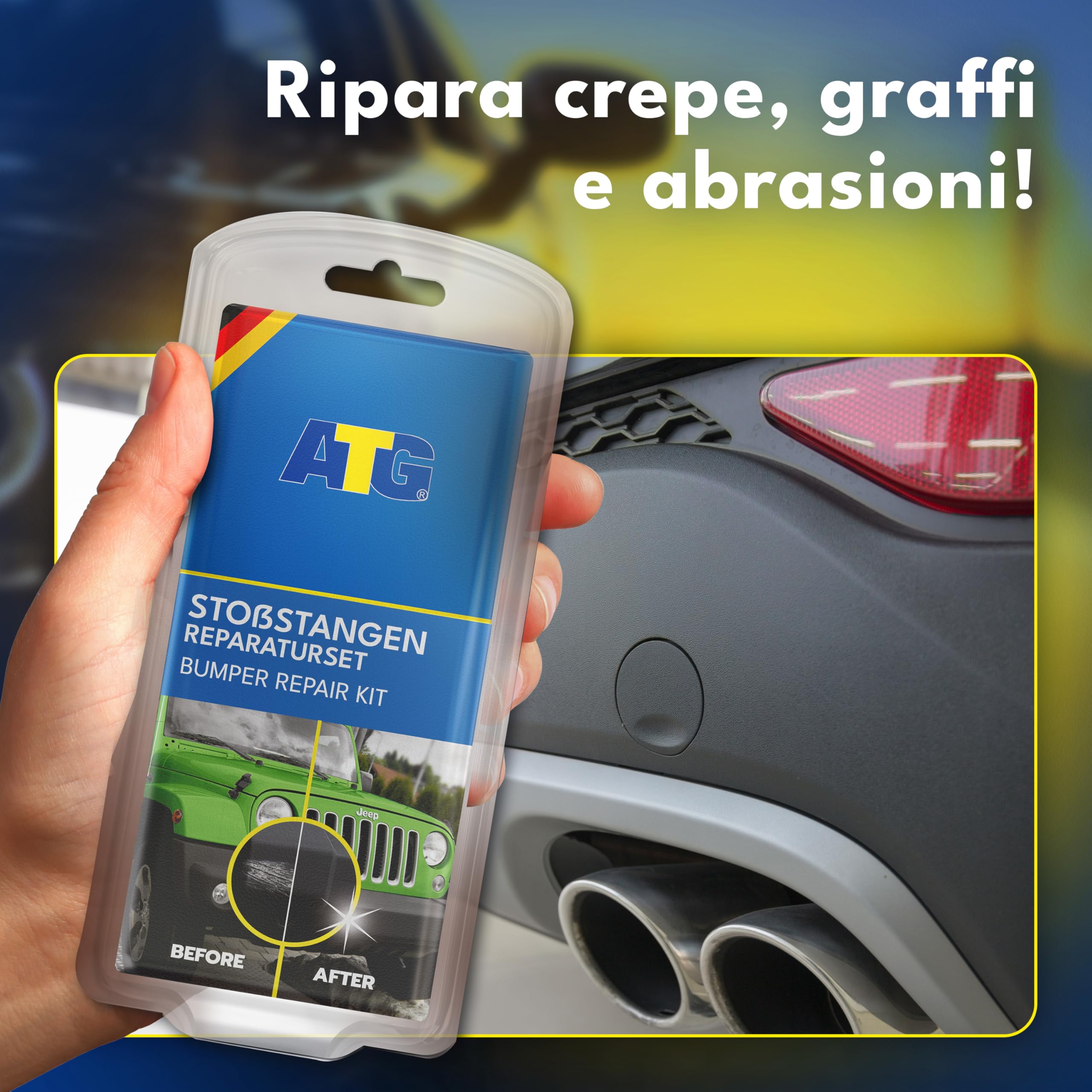 ATG® Kit Riparazione Paraurti Auto Nero – Rinnova Plastiche Auto, Rimuovi Graffi Plastica con Colore Nero e Stucco Riparazione