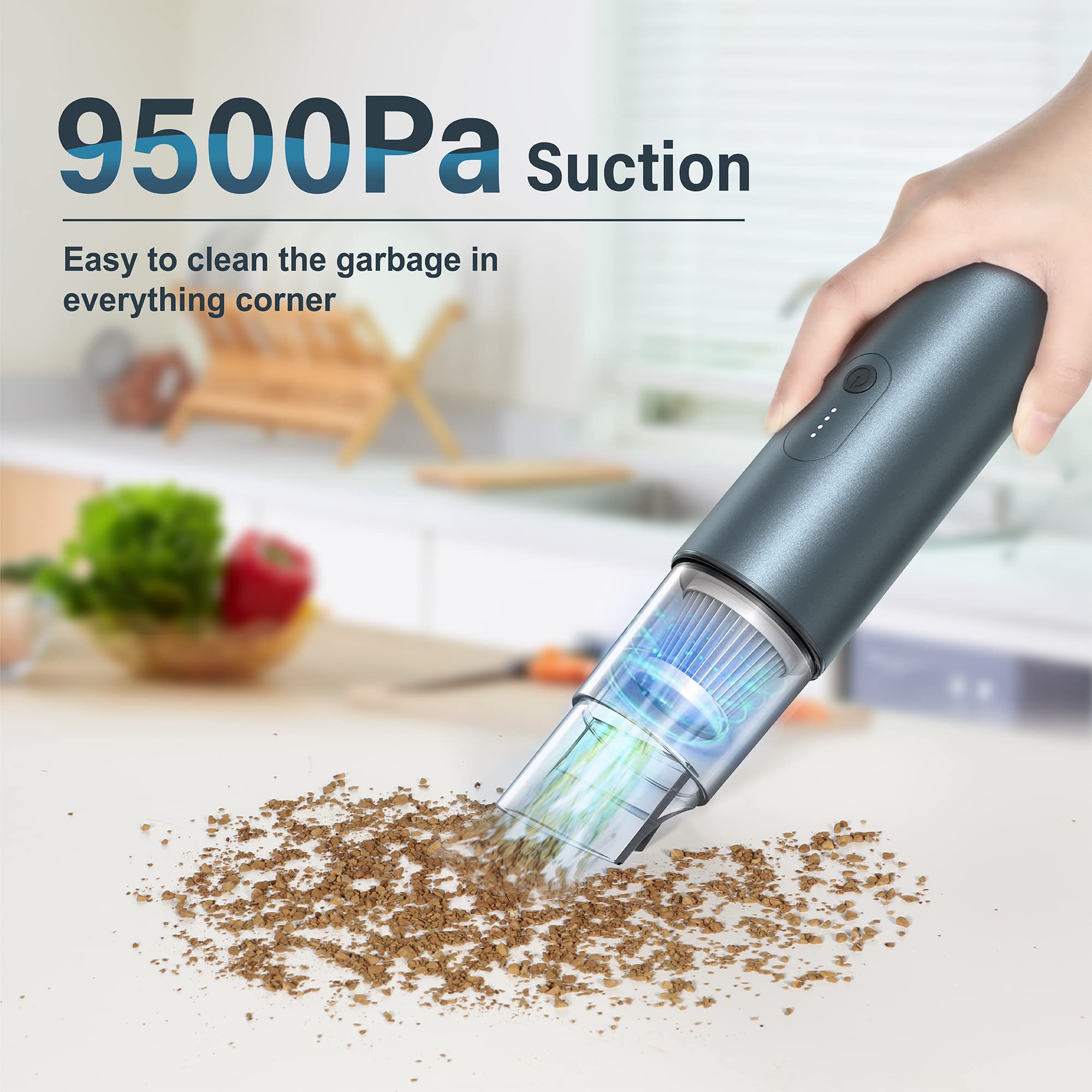 Handheld Vacuum Cleaner, 9500PA Suction Car Vacuum Cordless Rechargeable, Small Hand Held Vacuum Portable with 2 Reusable Filter for Clean Desktop, Car Interior, Drawer, Keyboard and Other Crevices