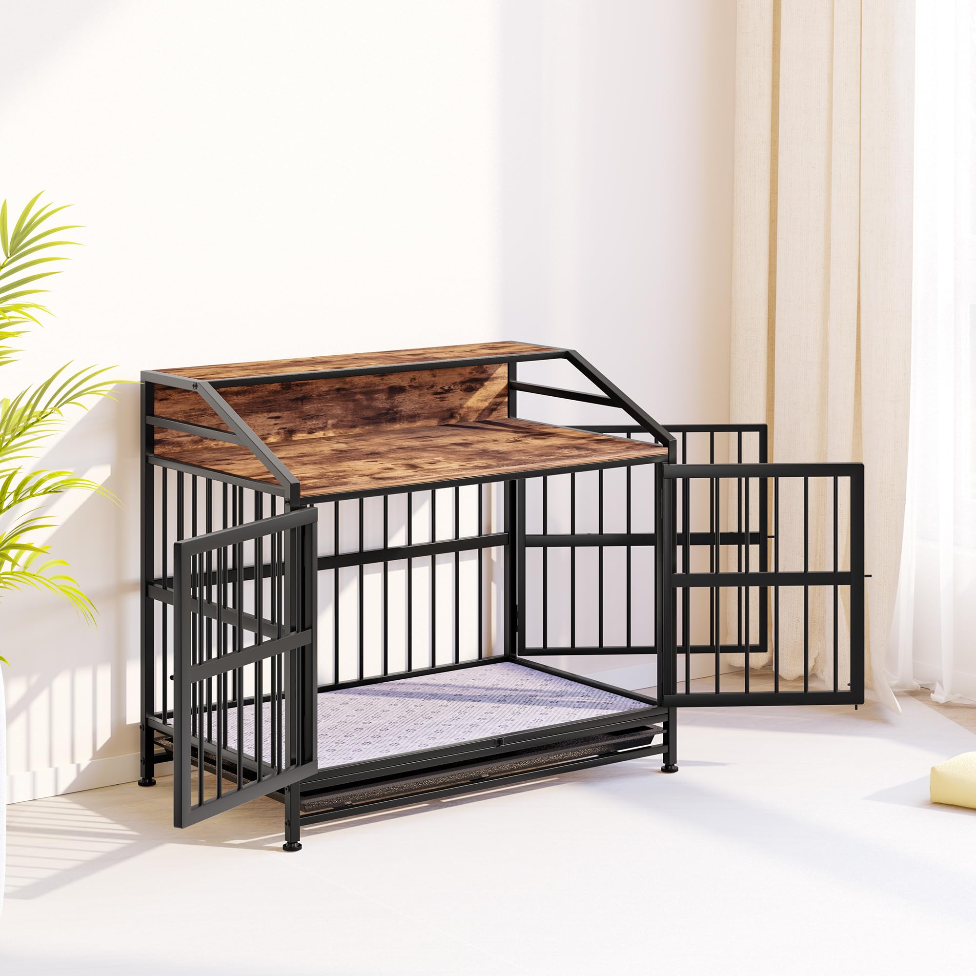 Hundekäfig Möbel, 100cm Hundebox für Zuhause, 2 Türen, Moderne Hundebox Indoor für Hunde, Beistelltisch, Hundekäfig Hochbelastbar 100 x 63 x 90 cm mit Waschbarer Decke & Abnehmbarem Tablett