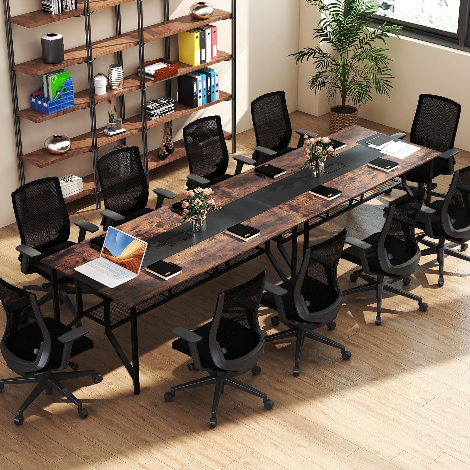 GYMAX Großer Konferenztisch 180 x 96 cm, Besprechungstisch für 6-8 Personen mit Kabeldurchlässen & Ablageregal, Meetingtisch für Geschäftstreffen, Konferenzraum & Büro