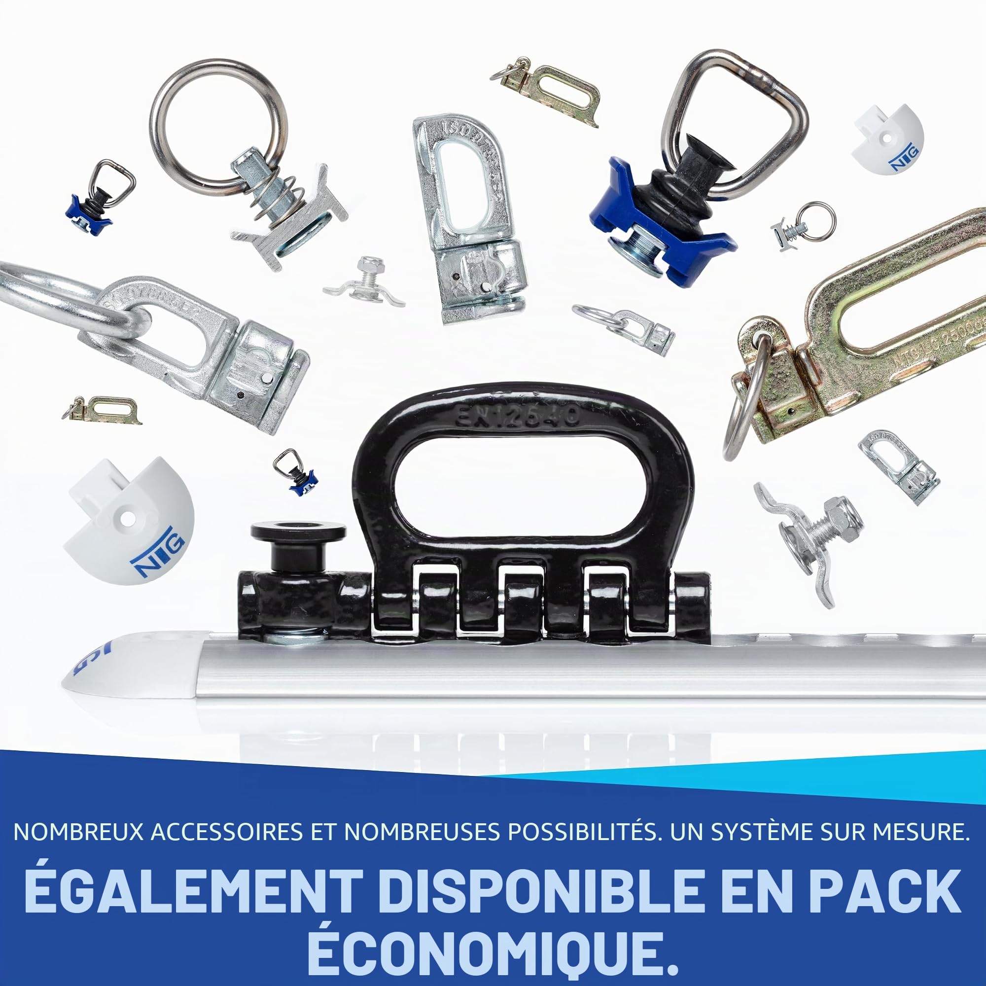 Lot de 2 rails d'avion de 2 m de forme semi-circulaire en aluminium avec trous avec 10 raccords en plastique et 4 embouts | Sécurité de charge pour camions, remorques, camping-cars | Anodisé | 1975 mm
