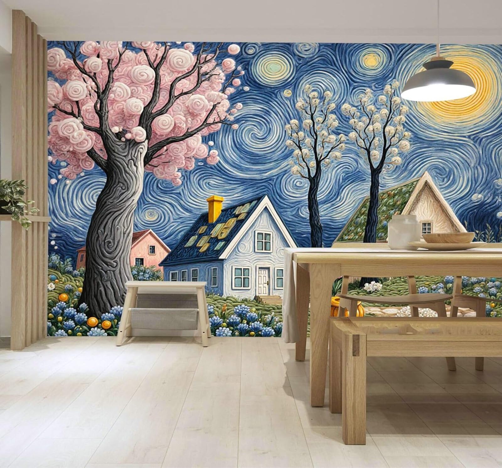 3D Carta da Parati Fantastico Case Di Paese Alberi In Fiore Cielo Stellato