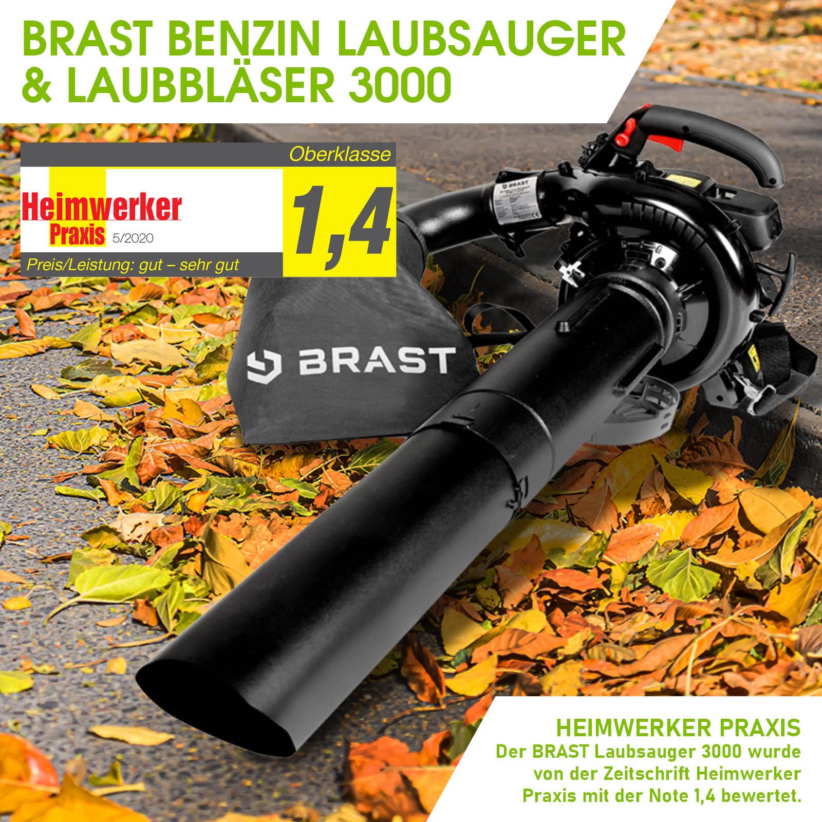 BRAST® Laubsauger Laubbläser Benzin 1,0kW(1,36PS) | 55L Fangsack | inkl. 2 Blasrohre, Schultergurt & Anti-Vibrationsgriff | 4in1 Funktion | Blasgeschwindigkeit 73 m/s