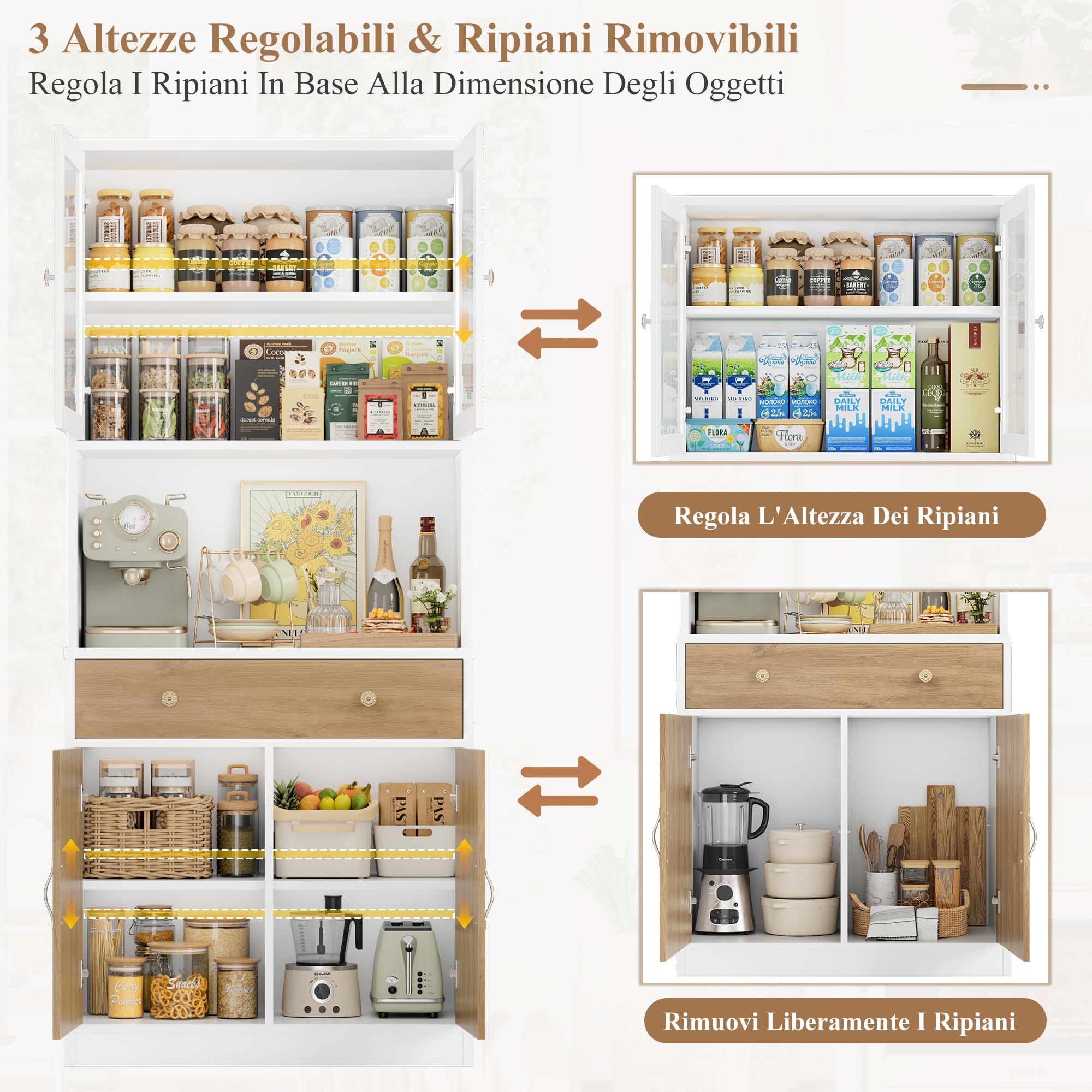 HOCSOK Credenza Cucina 180 cm, Alta Dispensa Cucina, Vetrina con Ripiani Regolabili, 2 Porta in Vetro, Microonde con Ripiani Aperti e Cassetti, Mobile Soggiorno