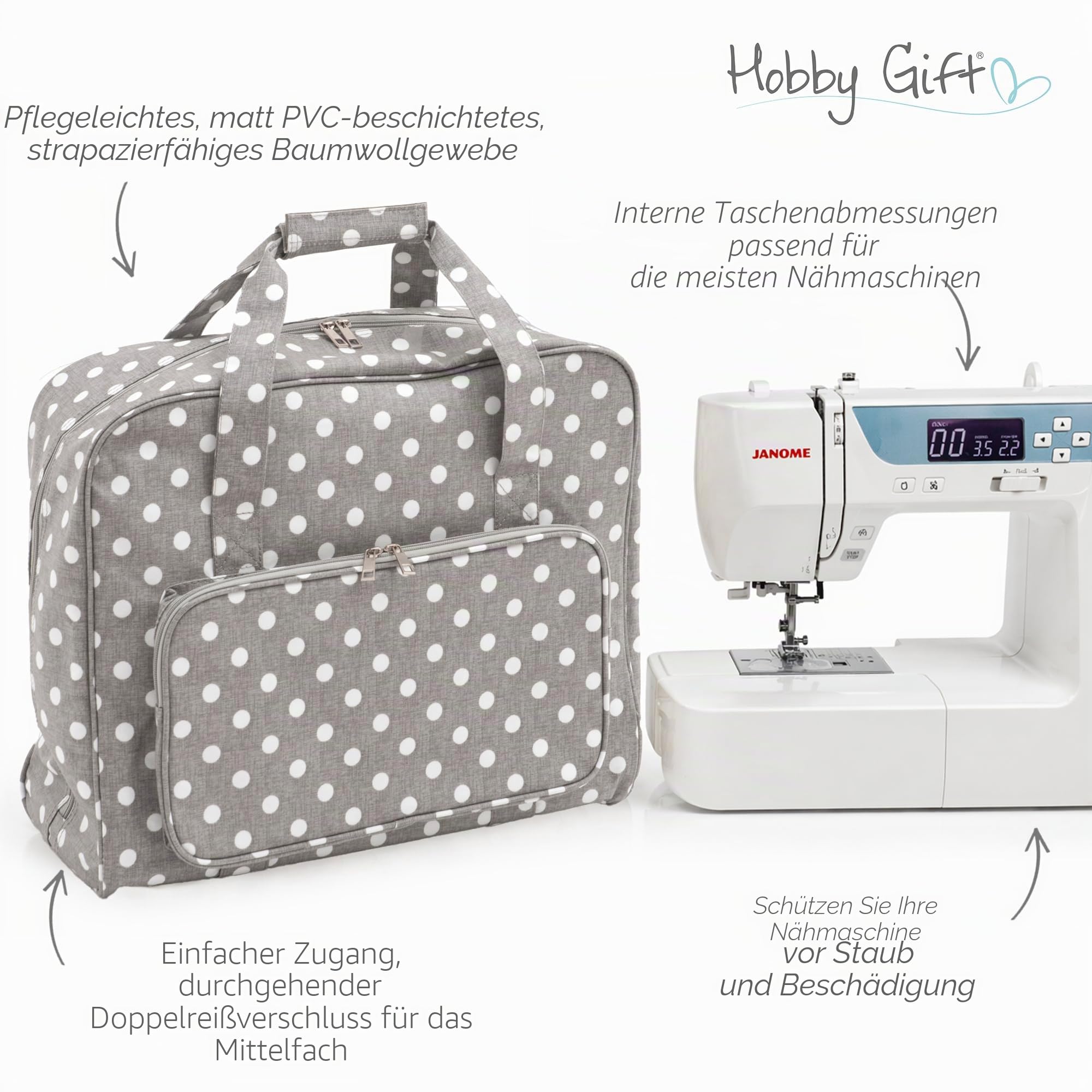 Hobby Gift MR4660 8 Value Collection: Nähmaschine Beutel: Matt PVC: Grau Leinen, Baumwolle, Grey Polka Dot, 20 x 43 x 37 cm