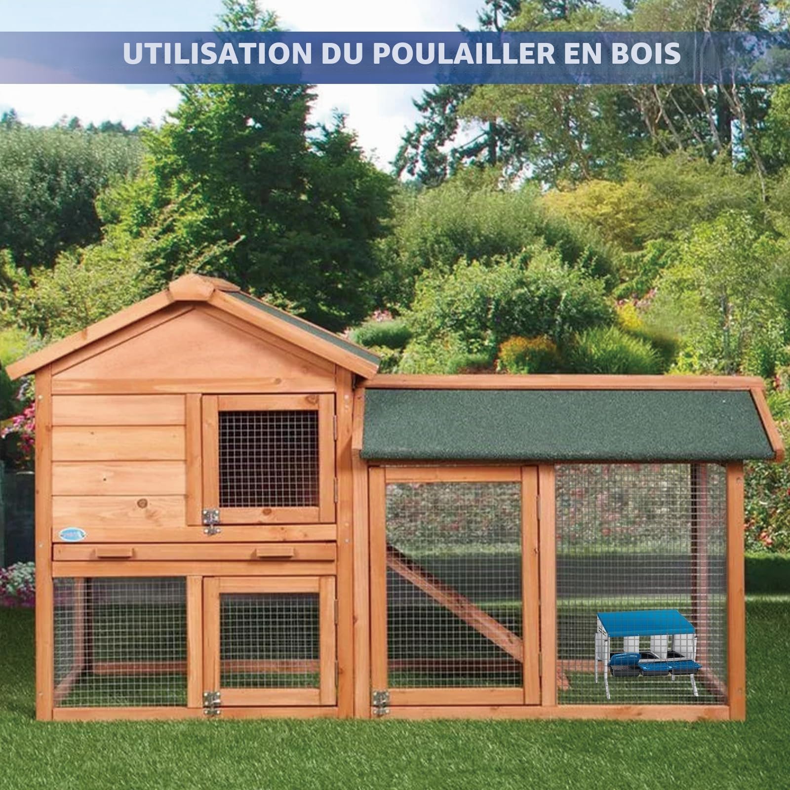 Pondoir pour poules avec pieds 3 compartiments - En métal solide - Avec compartiment à œufs - Nid de poules pour grandes poules - Bleu