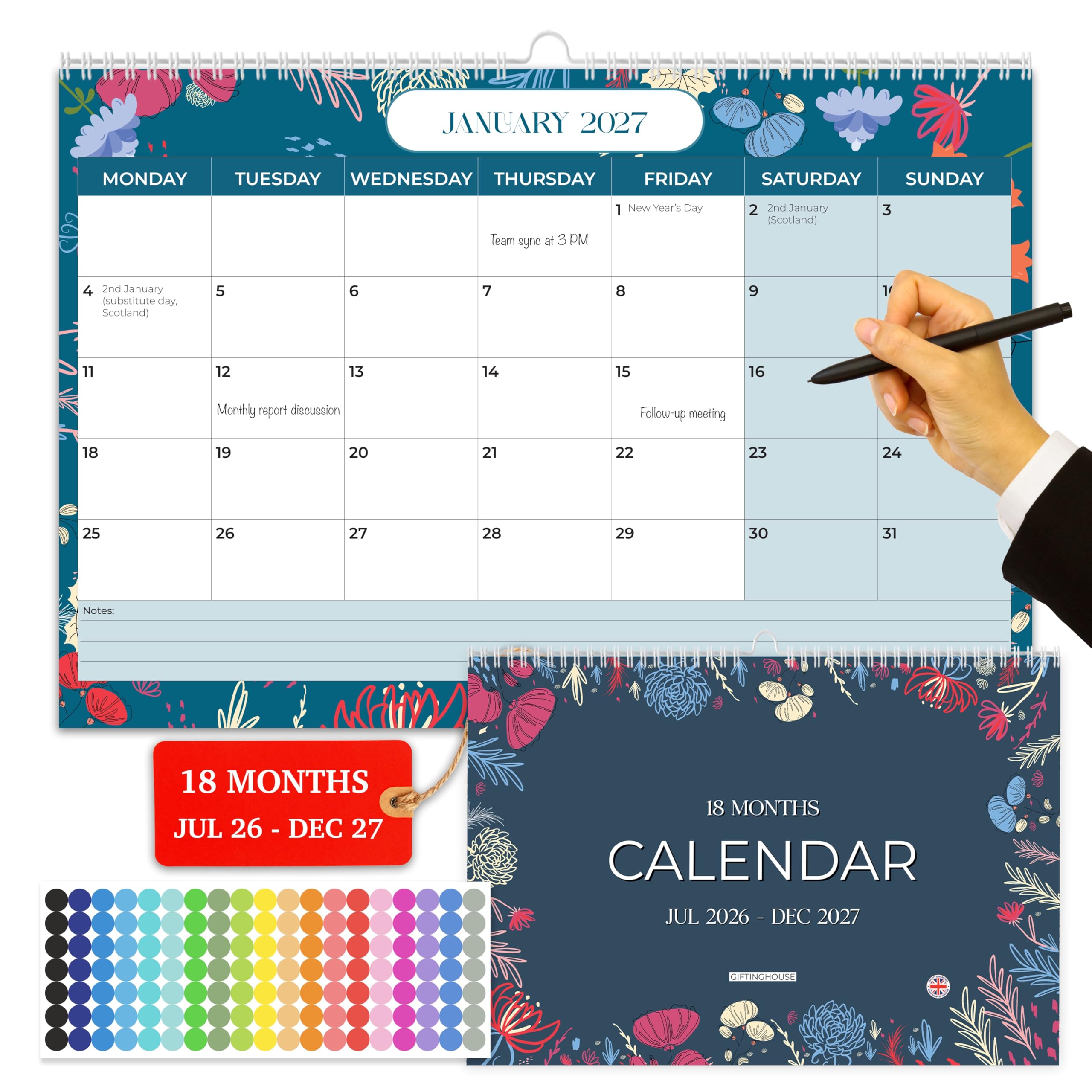 Giftinghouse 18 Month Wall Calendar July 2026 to Dec 2027 UK - A4 Month to View - 21x31cm Calendar 2026-2027 - Wall Planner with Notes Pages for Each Month with Stickers - Academic Calendar.