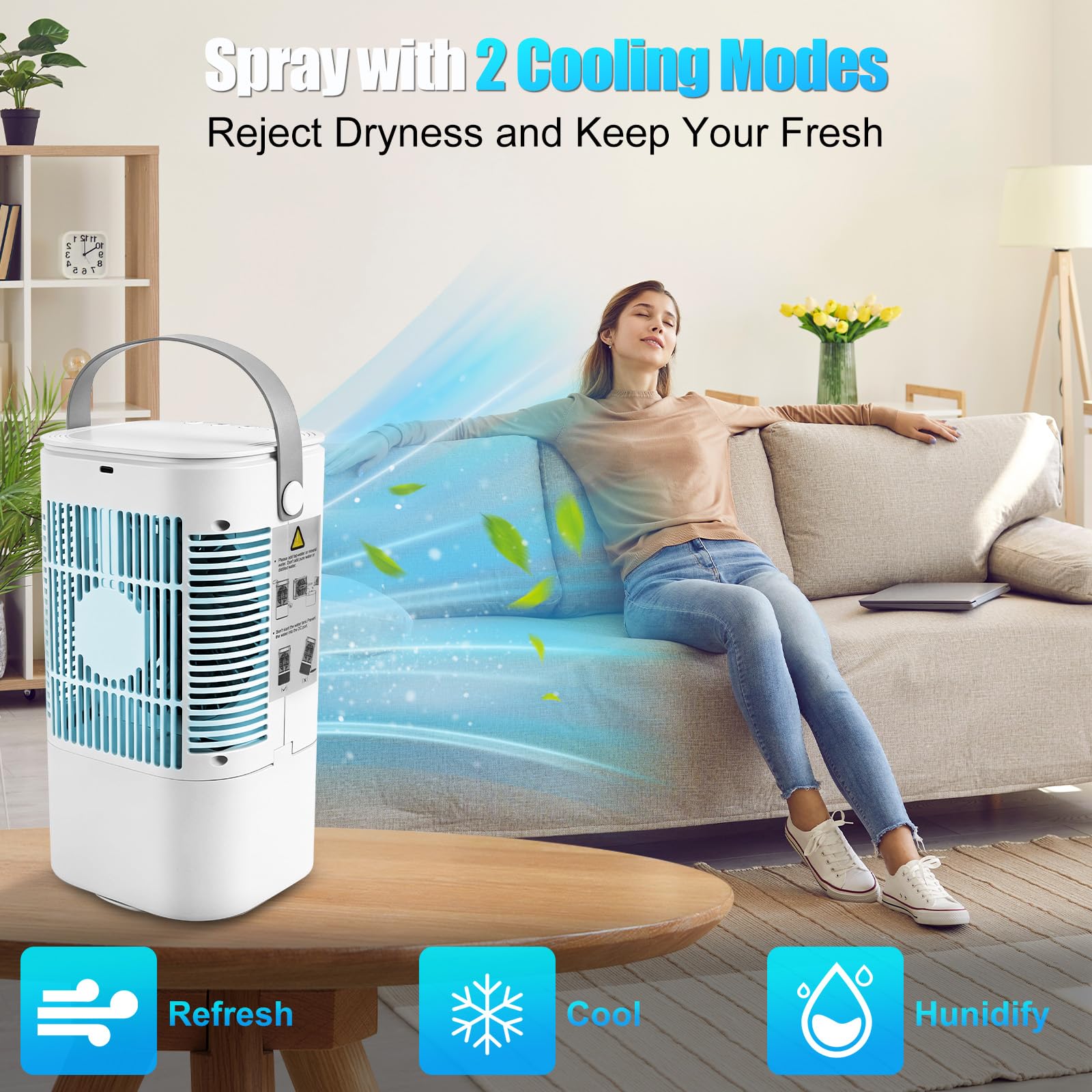 Roadtime Klimaanlage Mobile,Ventilator mit Timer mit 900ml Wassertank | Mobil Klimageräte mit 3 Geschwindigkeiten +3 Modi & Sprühfunktion,7 Farben Licht, Mini Luftkühler für Haus,Büro,Auto,Camping