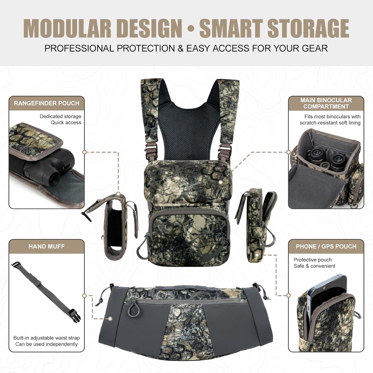 MOXULE Binocular Harness Chest Pack: Waterproof Bino Case with Hunting Hand Warmer Pouch and Rangefinder Pocket for Birdwatching Hiking