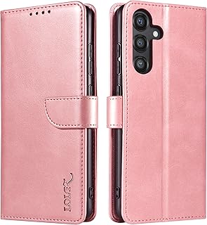 LOLFZ Funda tipo cartera para Samsung Galaxy S24 FE 5G, funda de piel vintage con tarjetero, cierre magnético, funda con tapa para Galaxy S24 FE, color oro rosa