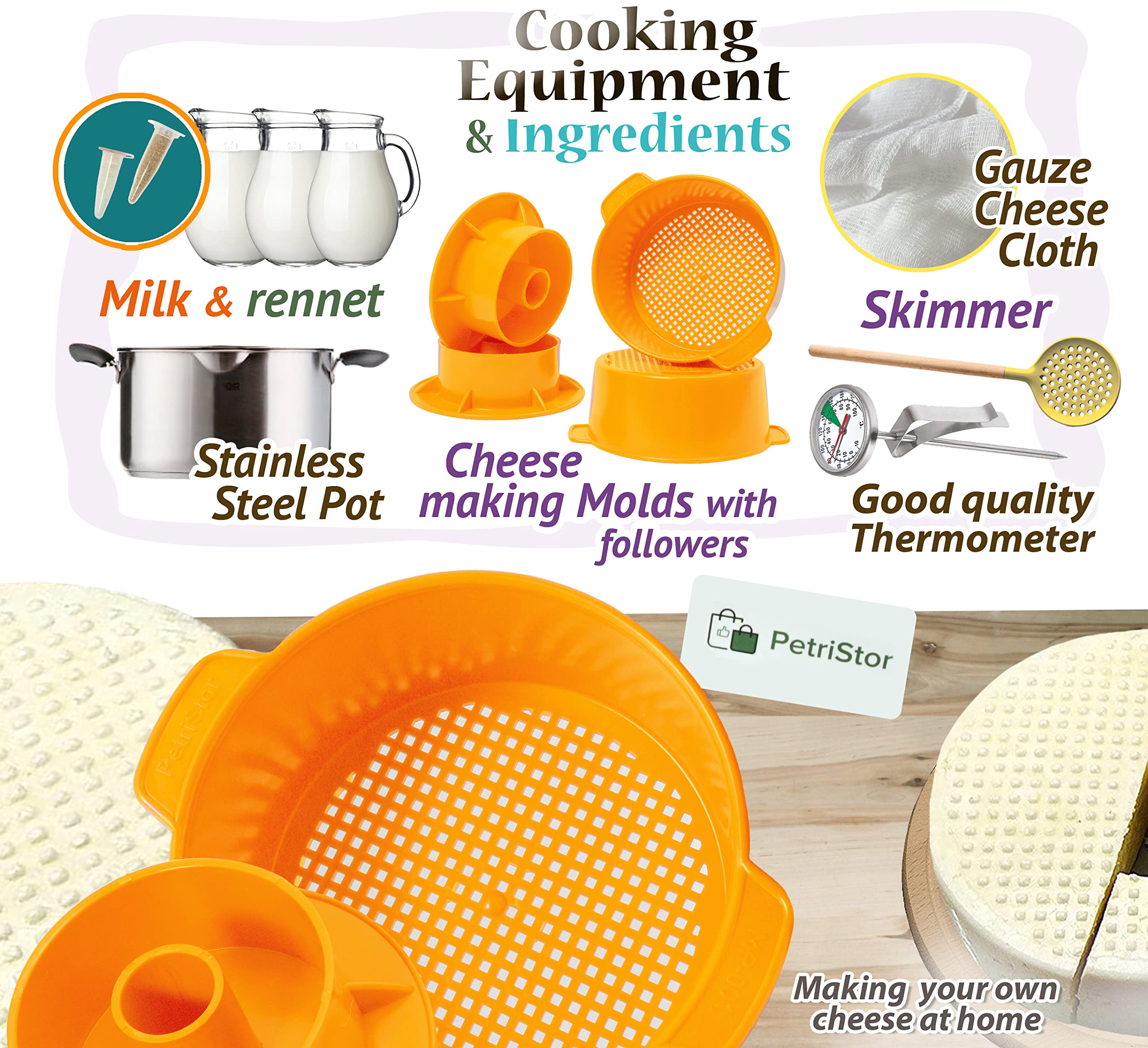 PetriStor 2-teiliges Käseherstellungs-Set, Butter-gestanzt, Cheese-Formpresse, Sieb, Käse mit Kolben, 1,2 Liter, Tofu-Pressform, Käseherstellungs-Set, Maschinenfarbe: Gelb