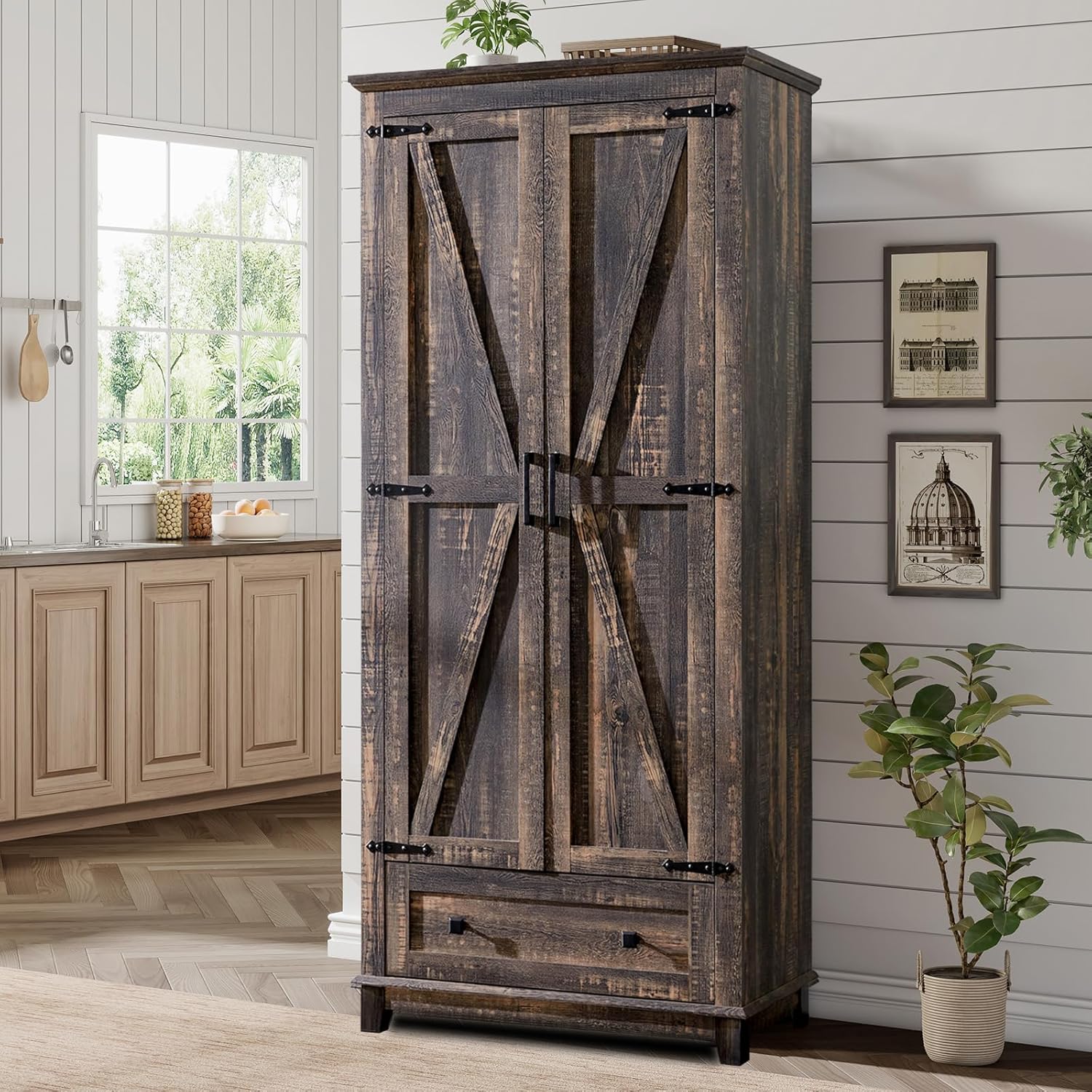 Farmhouse Kitchen Pantry Cabinet, 72″ Tall Storage Cabinet with Adjustable Shelves & Barn Doors, Freestanding Kitchen Cupboard for Dining Room, Living Room, Dark Rustic Oak Farmhouse Kitchen Pantry Cabinet, 72″ Tall Storage Cabinet with Adjustable Shelves & Barn Doors, Freestanding Kitchen Cupboard for Dining Room, Living Room, Dark Rustic Oak
