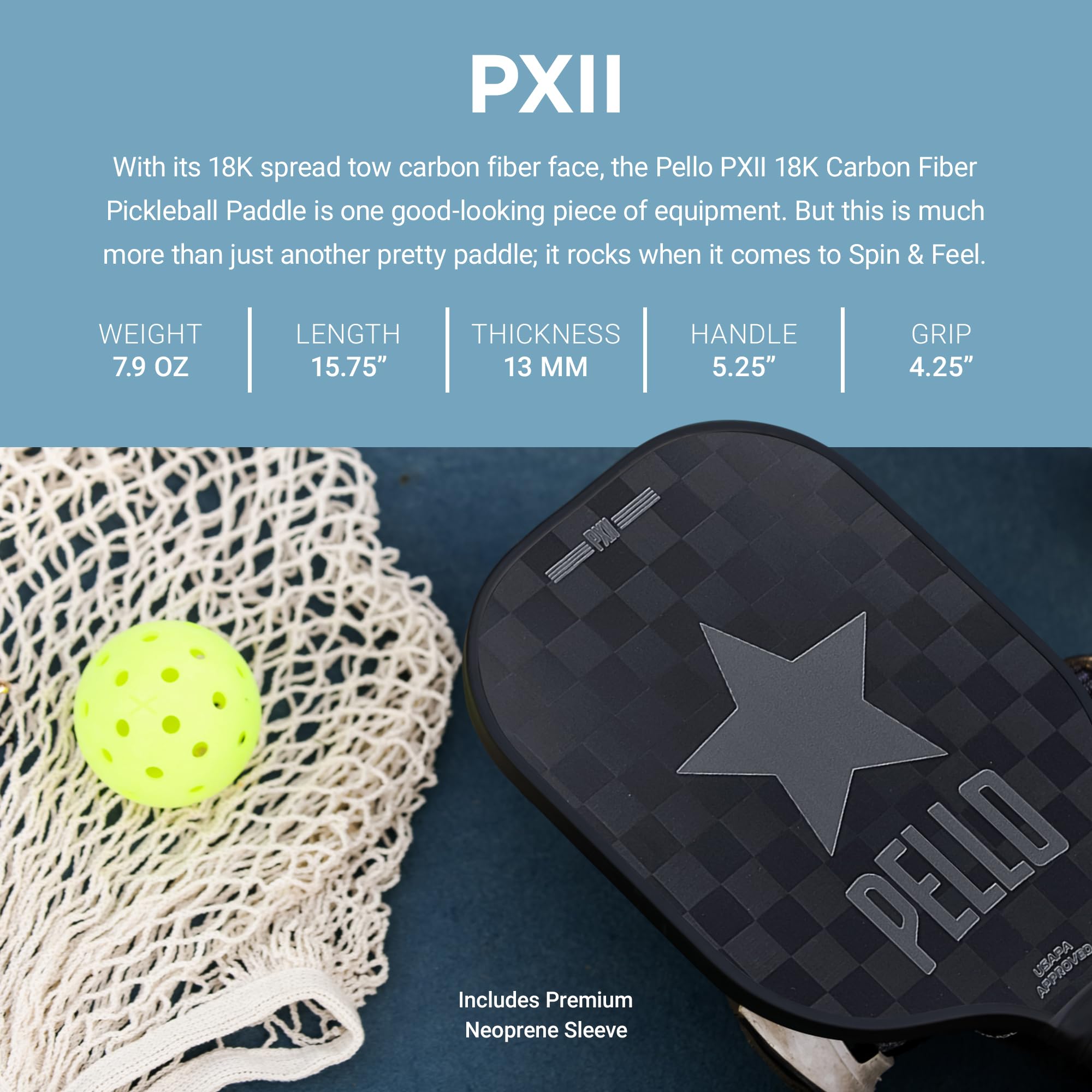 PELLO PXVI Pickleball Paddel Aus Kohlefaser – USAPA-zugelassen, 16 Mm Polypropylen-Wabenkern Für Power & Kontrolle