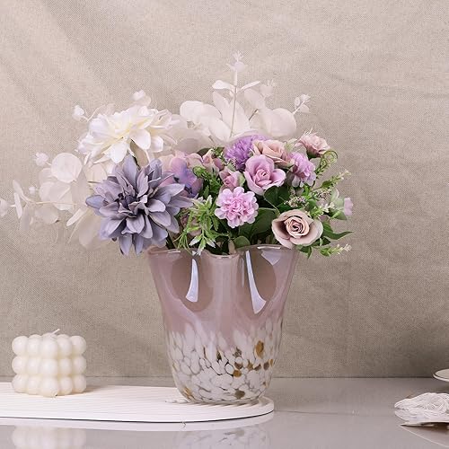 Miniatura 4 de Florero de vidrio rosa soplado a mano, decoración de jarrón de boca ancha ondulada, jarrón de vidrio único para centro de mesa de comedor,