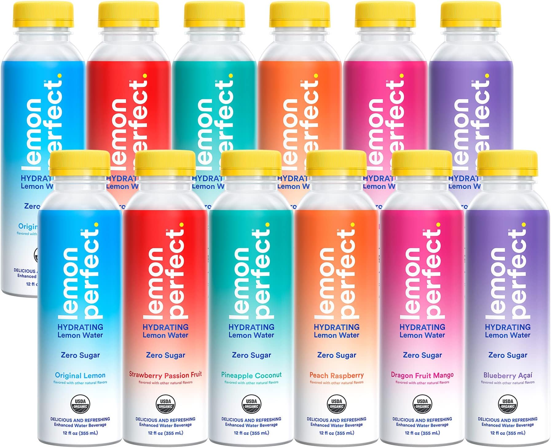 Lemon Perfect, Hydrating Organic Lemon Water, Zero Sugar, Flavored Water, Squeezed from Real Fruit, Plastic Neutral, No Artificial Ingredients, 6-Flavor Variety Pack (12oz Bottles) 12pk