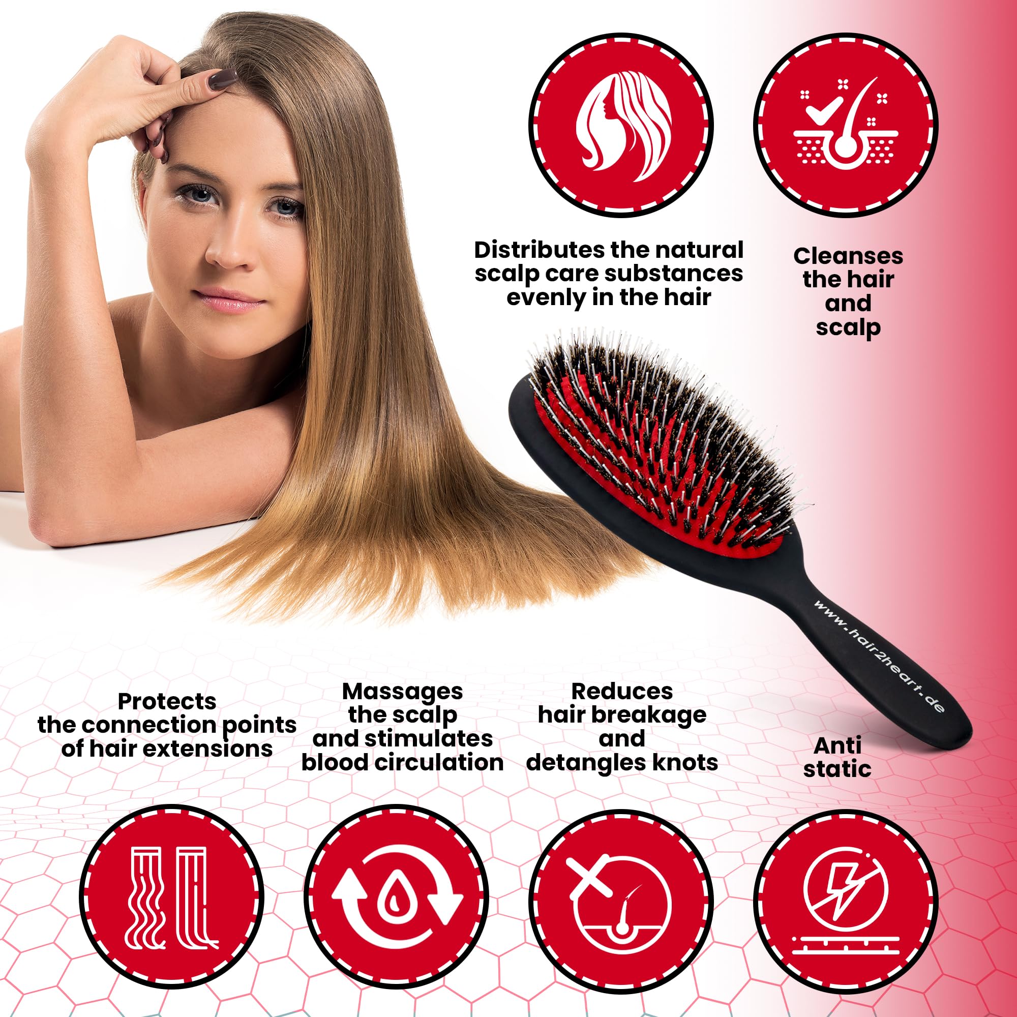 hair2heart Hairbrush for Extensions Pneumatic Brush for Hair Extensions, Natural bristles untangle tangled hair - Image 4