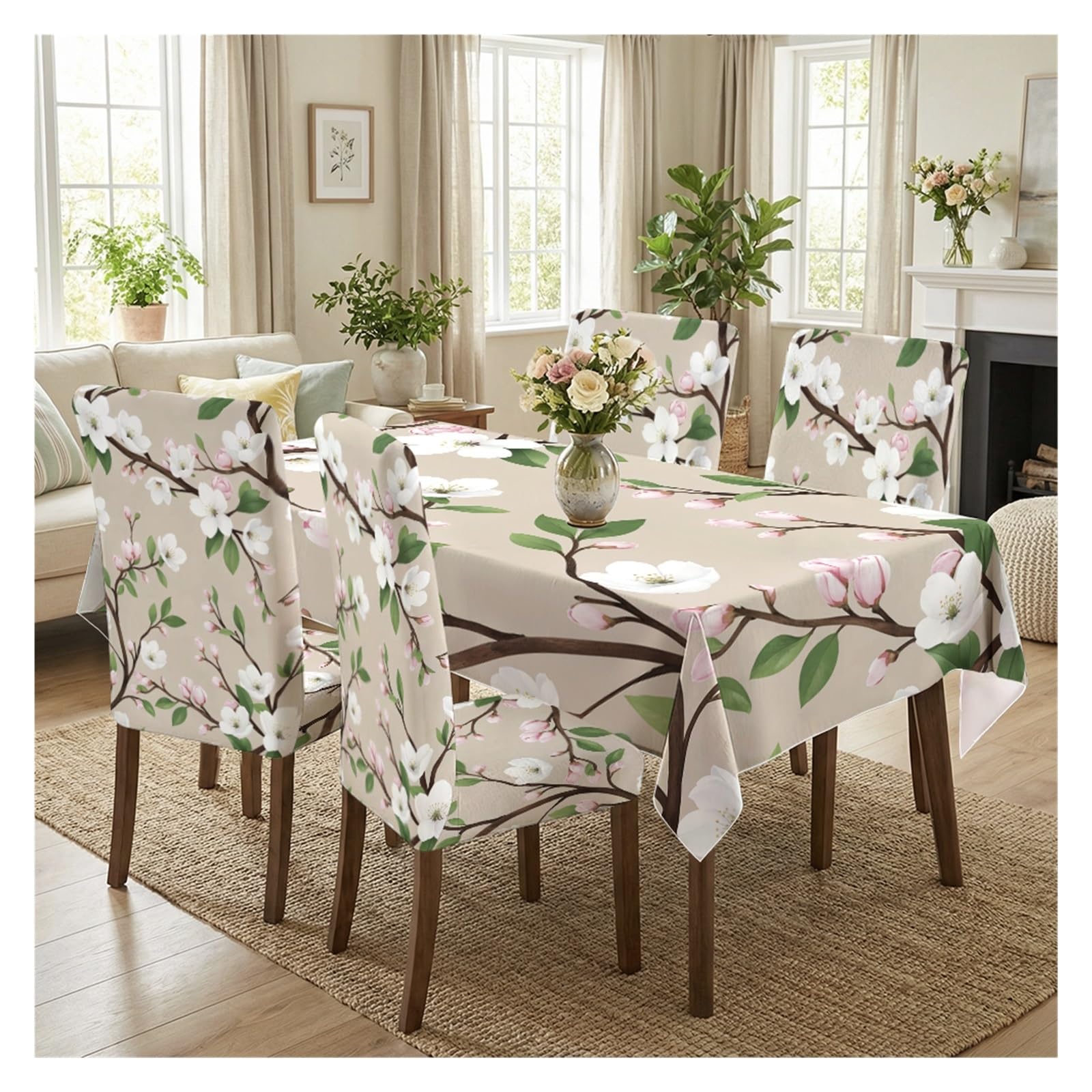 KXUAUV Beige Base Spring White Cherry Blossom Floral Print Dining Tablecloth & Chair Covers Set, 5/7 Piece Romantic Cottage Farmhouse Dining Decor Party Decor(5pcs Set: Tablecloth+Chair Covers)