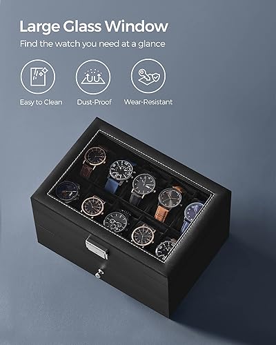 Vista 27 de SONGMICS Caja de reloj, organizador de 20 ranuras para reloj con tapa de vidrio grande, almohadas extraíbles, cerradura de metal, regalo para seres