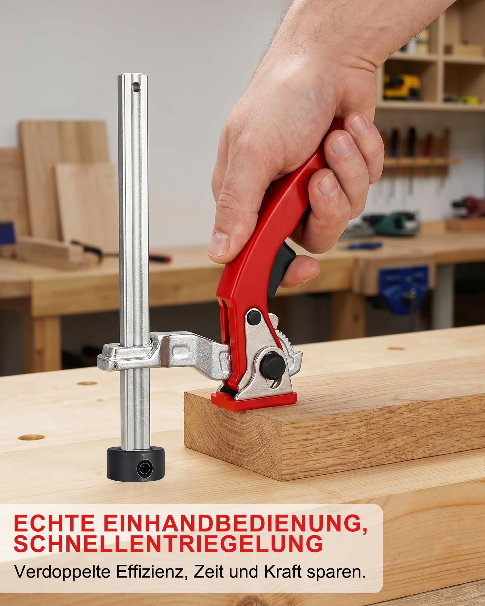 Lot de 6 supports bas : 2 colliers de serrage de 20 mm et 4 crochets d'établi en acier au chrome vanadium, pince à serrage rapide 160 x 60 mm pour le travail du bois, table MFT et établi (rouge
