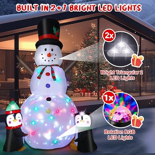 Bonhomme de Neige de Noël Gonflable, 244cm Bonhomme de Neige avec Lumières LED, Décoration de Noël avec des Pieux de Cordes Fixes, Décoration du Modèle pour Jardin Fête Intérieur Extérieur -1250mA/15W - 3