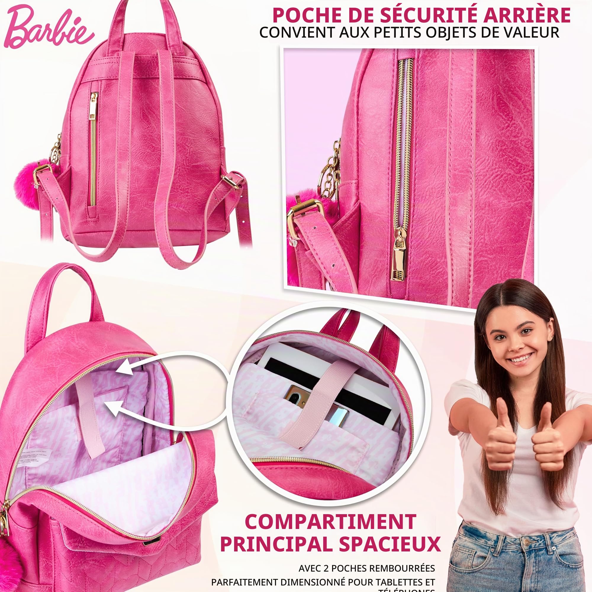 Barbie Sac à Dos Femme, Poches Internes et Compartiments Zippés - Cadeaux Elle