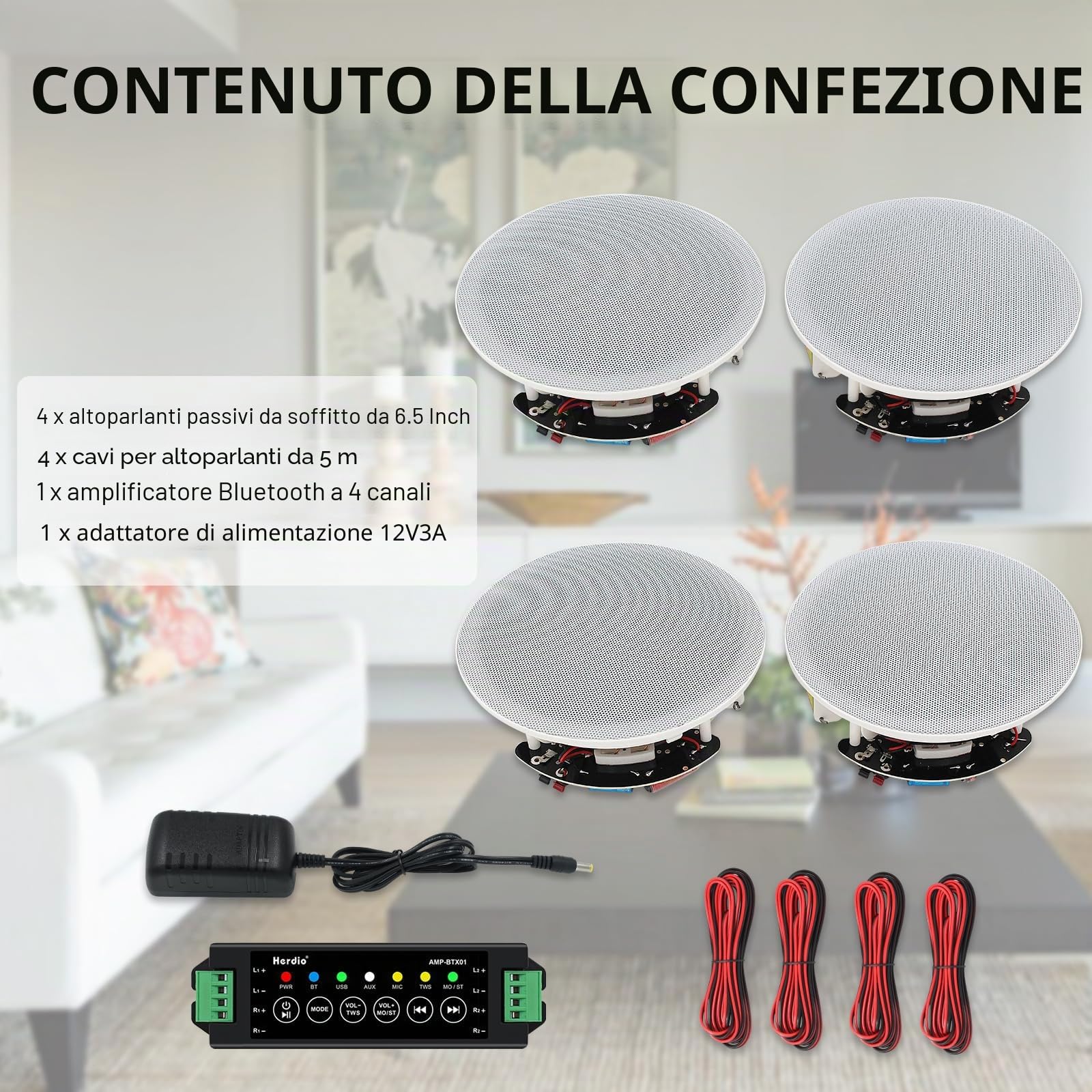 Herdio 6.5 pollici 4PCS 600W Altoparlanti da soffitto Sistema altoparlanti domestici da incasso
