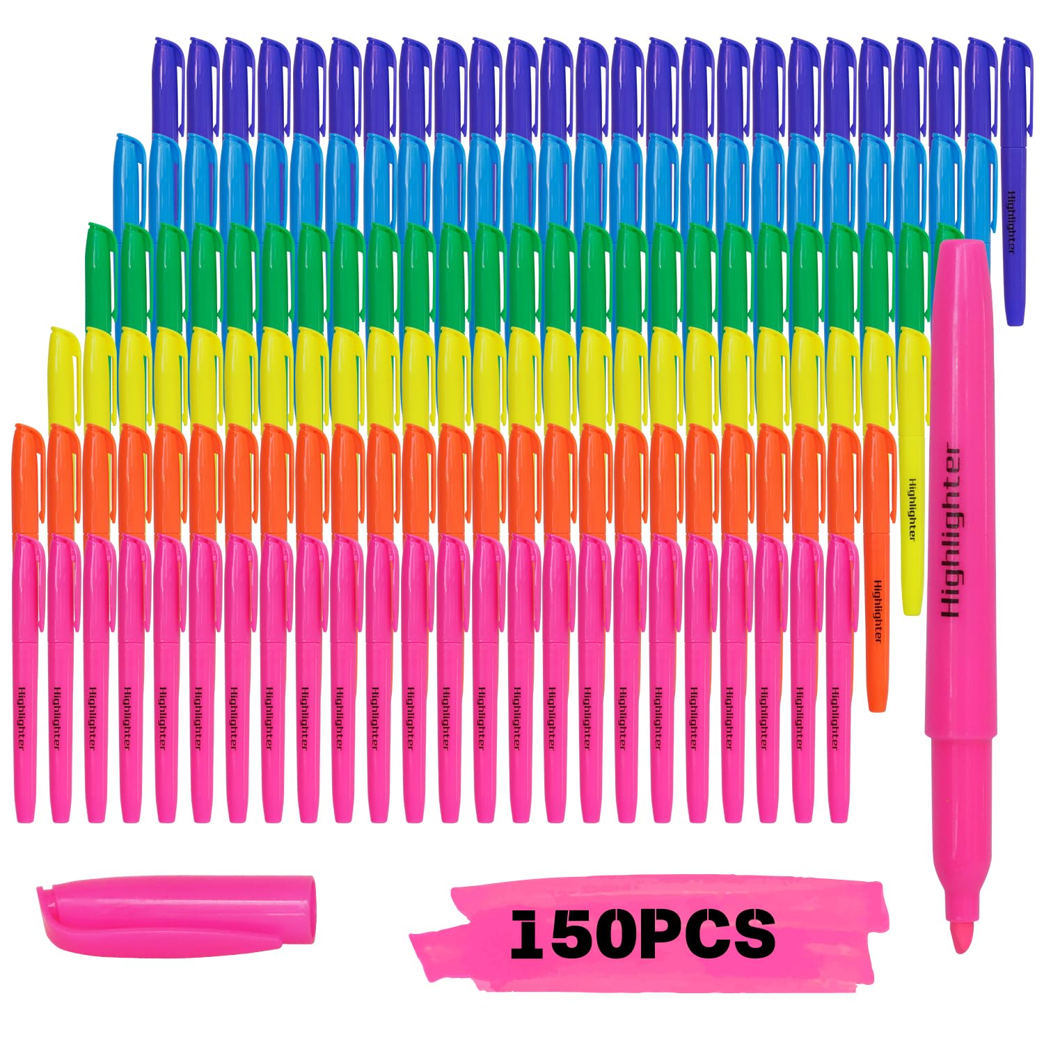 150 Stück Groß-Textmarker – mehrfarbige Textmarker in verschiedenen Neonfarben mit transparenten Hüllen, perfekte Textmarker, Klassenzimmer-Set für Schule, Büro und Studium