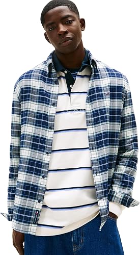 Tommy Jeans Camisa Hombre Flannel Check Shirt Regular Fit, Blanco (Dark Night Na