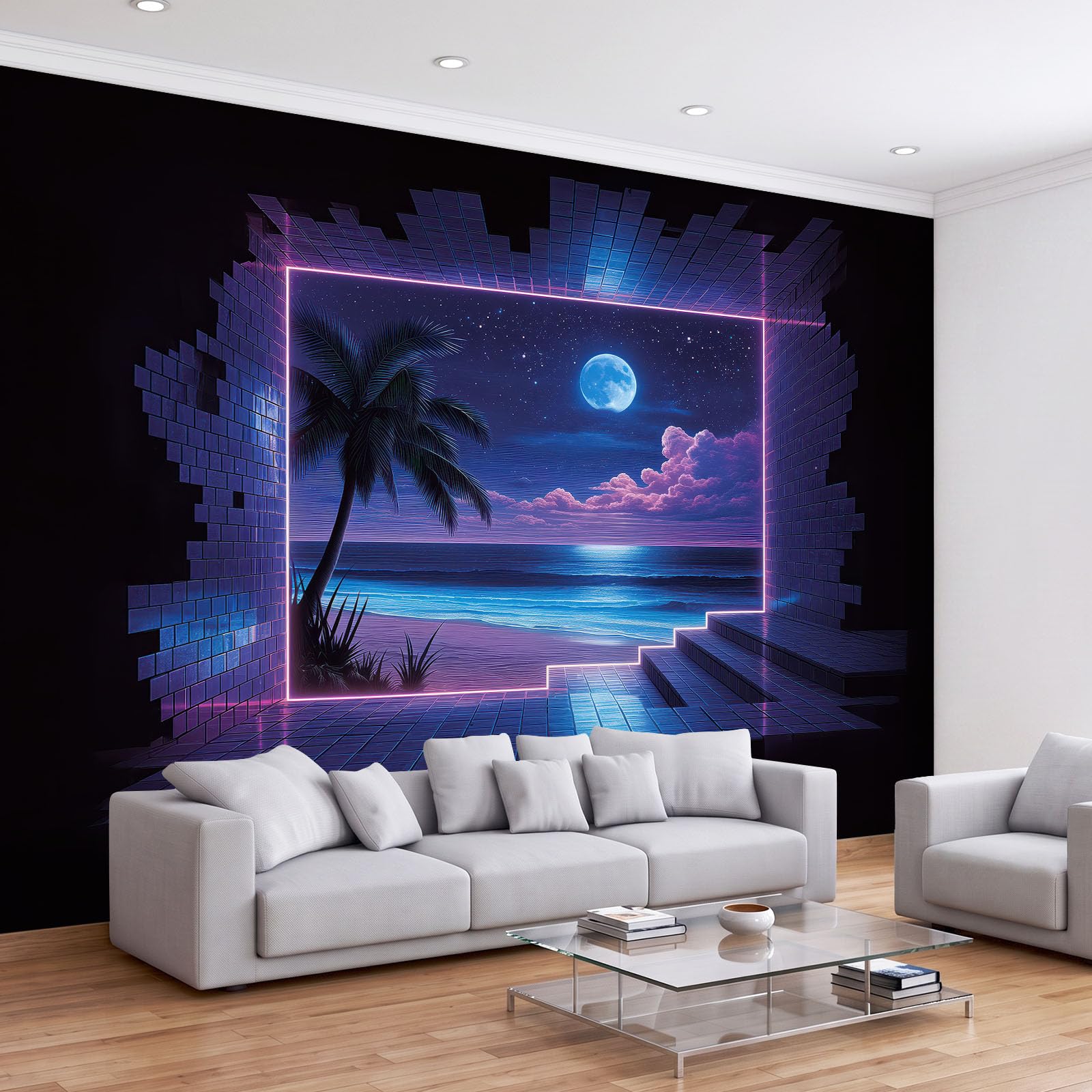 Panoramiczna tapeta 3D 250 x 175 cm retro futuristisch Tropisch Pflanzen Palmen tapeta z włókniny, plakat ścienny do salonu, dekoracji pokoju dziecięcego, łatwy montaż, niebiesko-fioletowy