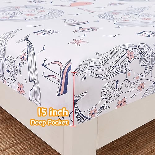 Miniatura 3 de JSD - Juego de sábanas para niños con diseño de sirena y ballena, tamaño completo, 4 piezas, de microfibra con tema marino, bolsillo profundo, para