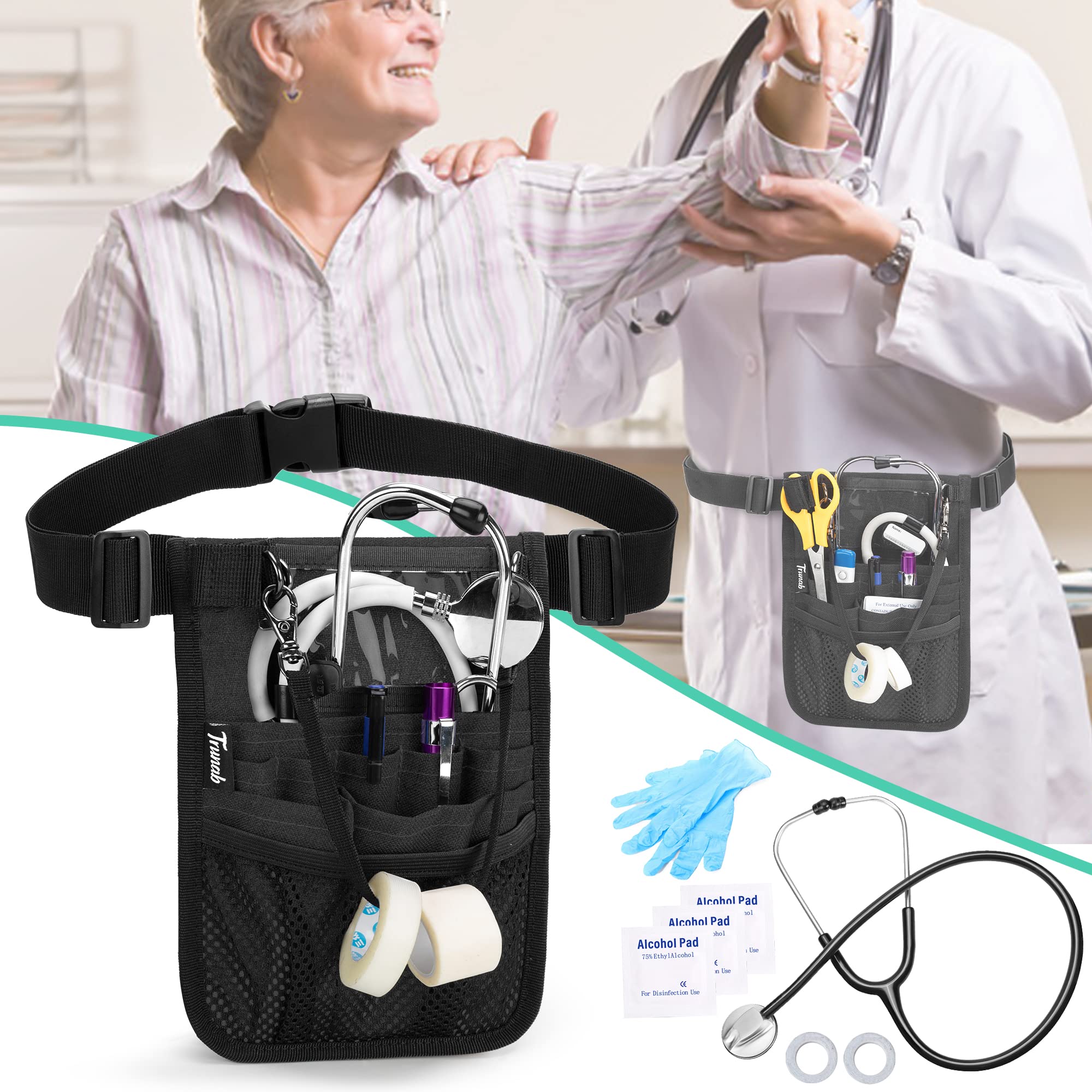Trunab Riñonera de Enfermera con Soporte para Cinta y Múltiples Compartimentos, Organizador de Cinturón de Enfermería con Correa de Cintura Ajustable, Aplicar para Tijeras, Gasa, Estetoscopio, Negro