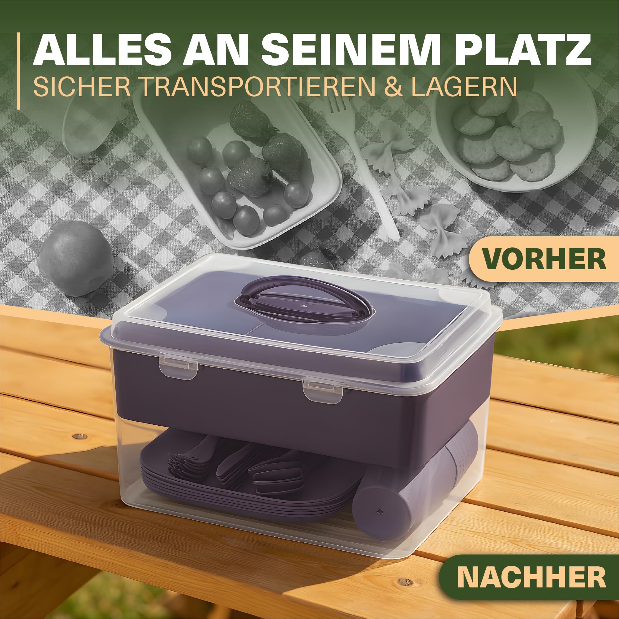 Viwares Picknick Geschirrset für 6 Personen – 33-teiliges Camping Set aus robustem Kunststoff – mit Tellern, Bechern, Besteck & Einsatz – BPA-freie Transportbox mit Tragegriff – Outdoor Picknickbox