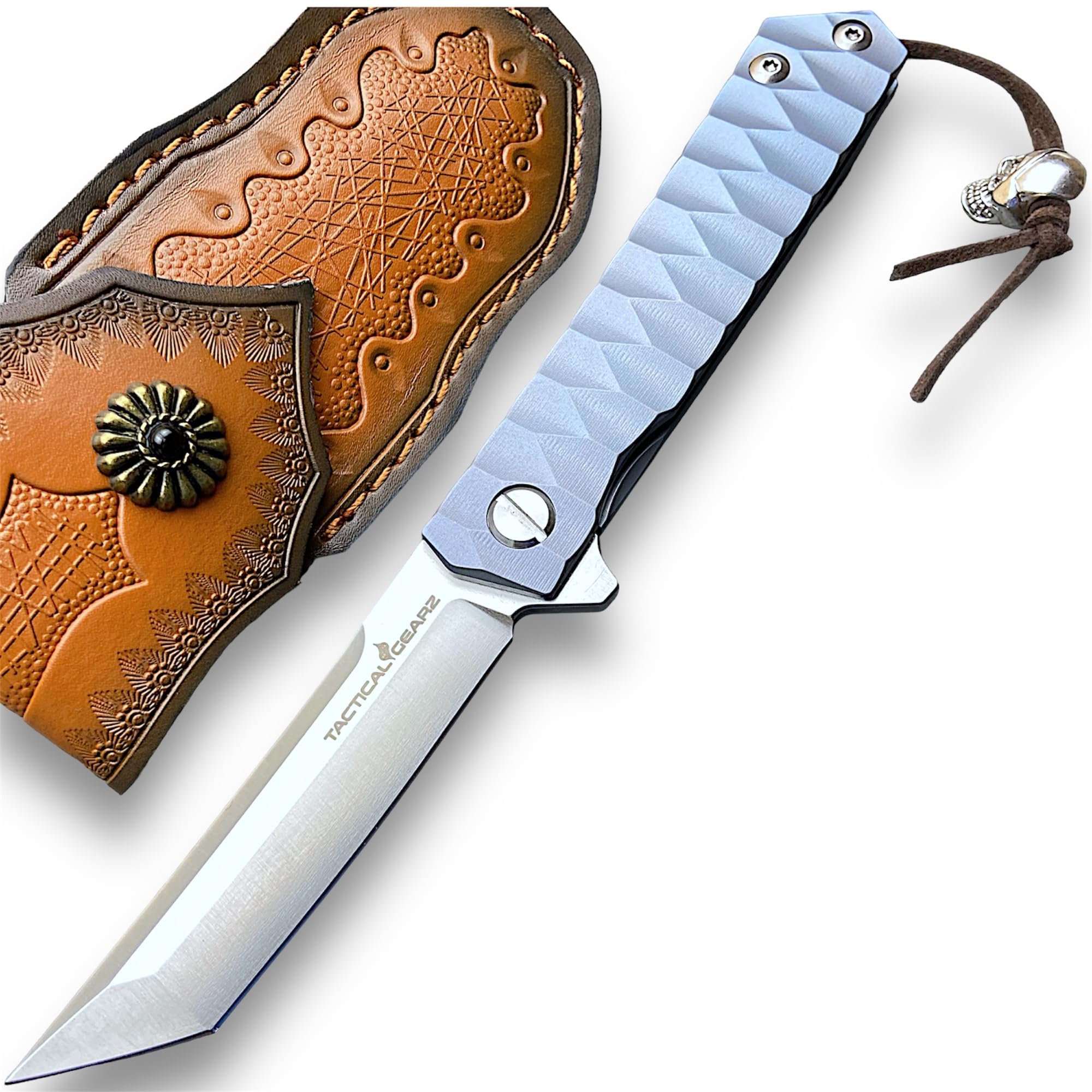 TACTICAL GEARZ EDC Titanium Folding Pocket Knife, Solid Tc4 Titanium Handle, CPM-D2 Steel Tanto Blade (Saint Blue Beast Bundle)