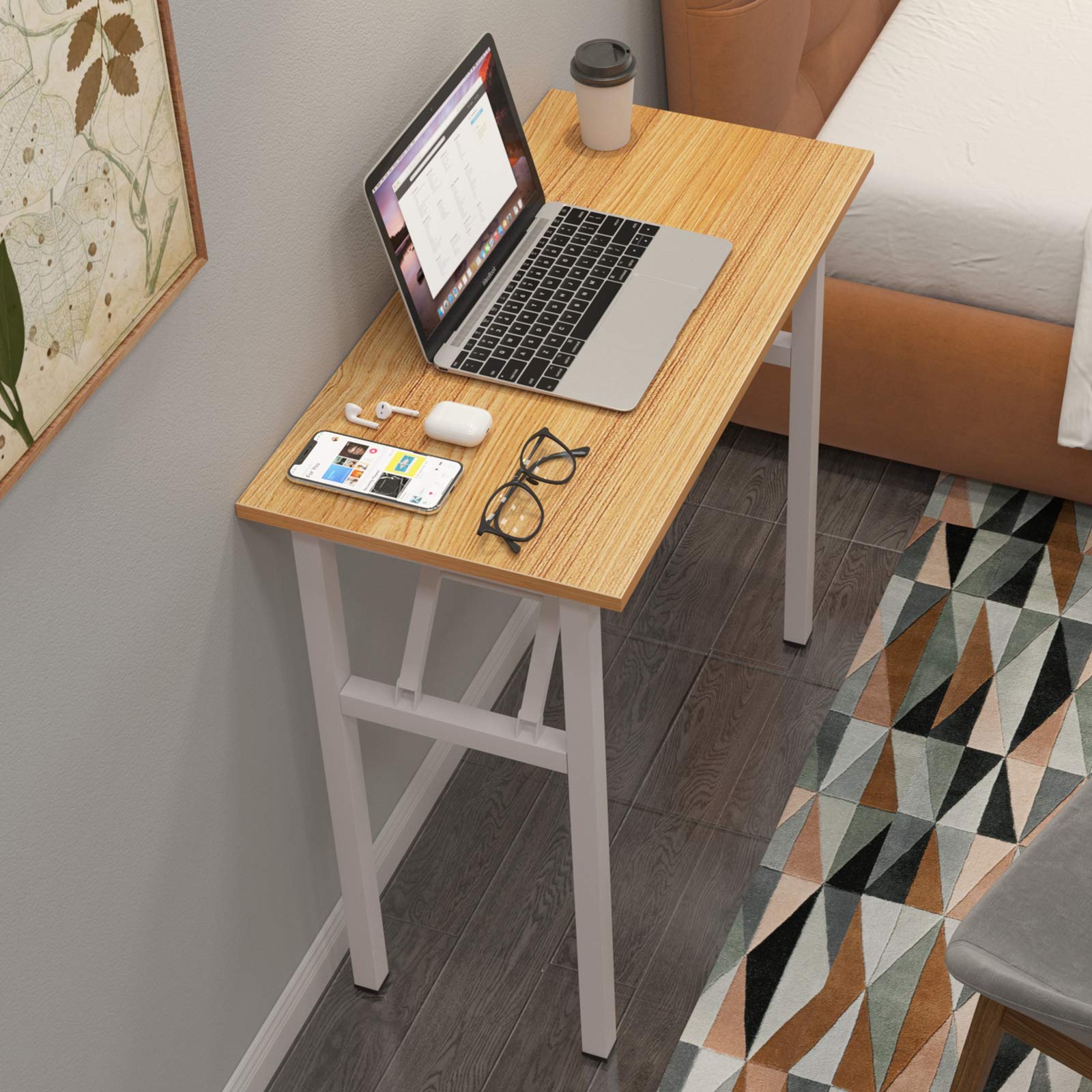 DlandHome - Tavolo pieghevole piccolo, 80 x 40 cm, senza necessità di installazione, in legno composito, scrivania per computer e postazione di lavoro, color teak e gambe bianche