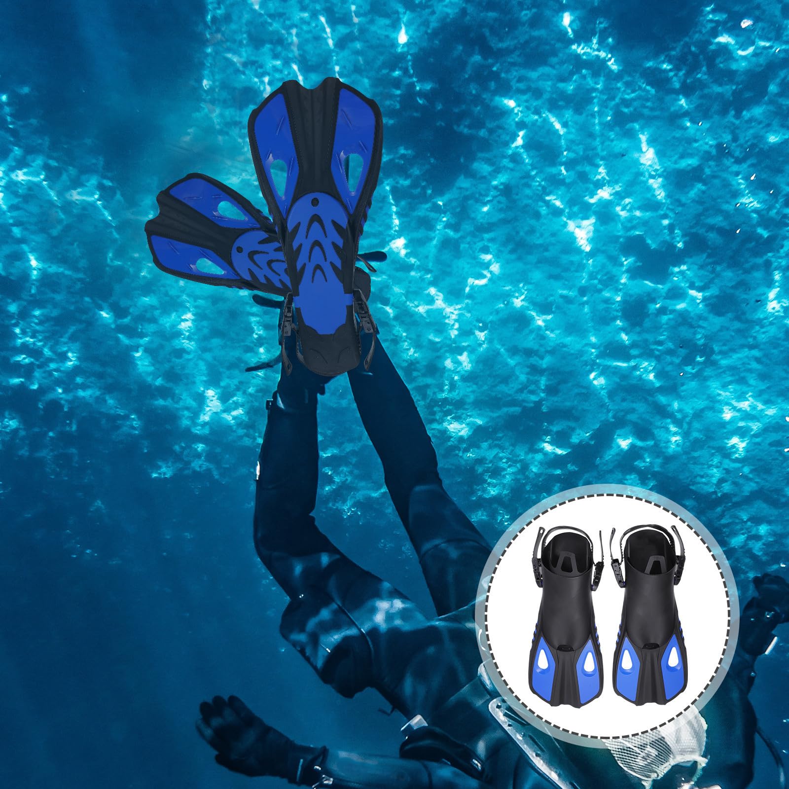 Aletas de Buceo para Adultos, Goma Azul, Ajuste Rápido | Uso en Agua Salada y Playa, Fácil de Quitar, Compatibles con Escarpines Acuáticos, Talla Regulable