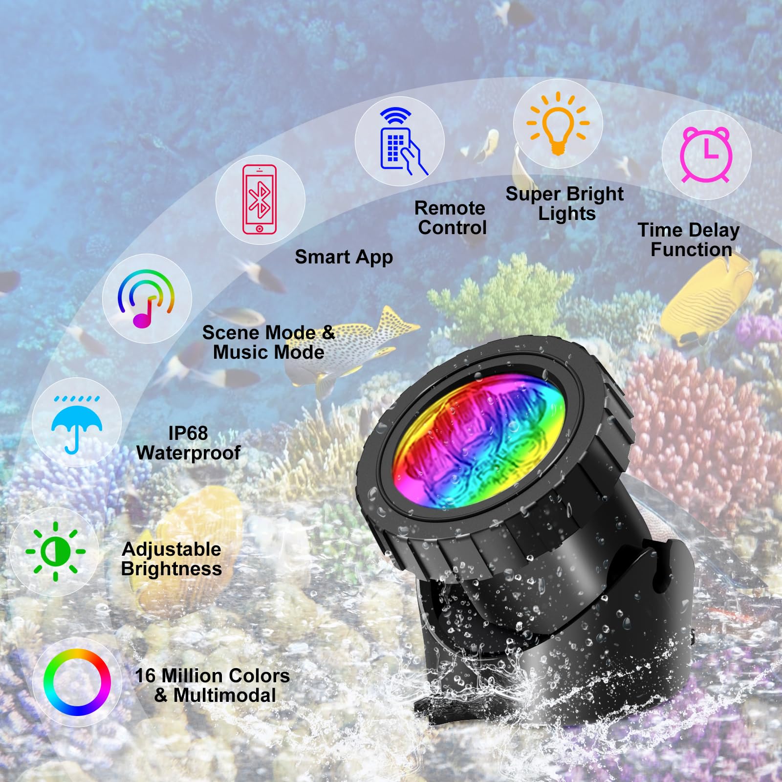 T-SUNUS Lumières LED Submersible RGB, Projecteurs Lampe Spot APP Contrôlable avec Télécommandes IP68 Étanche Lampe Piscine pour Jardin Piscine Étang 8 en 1