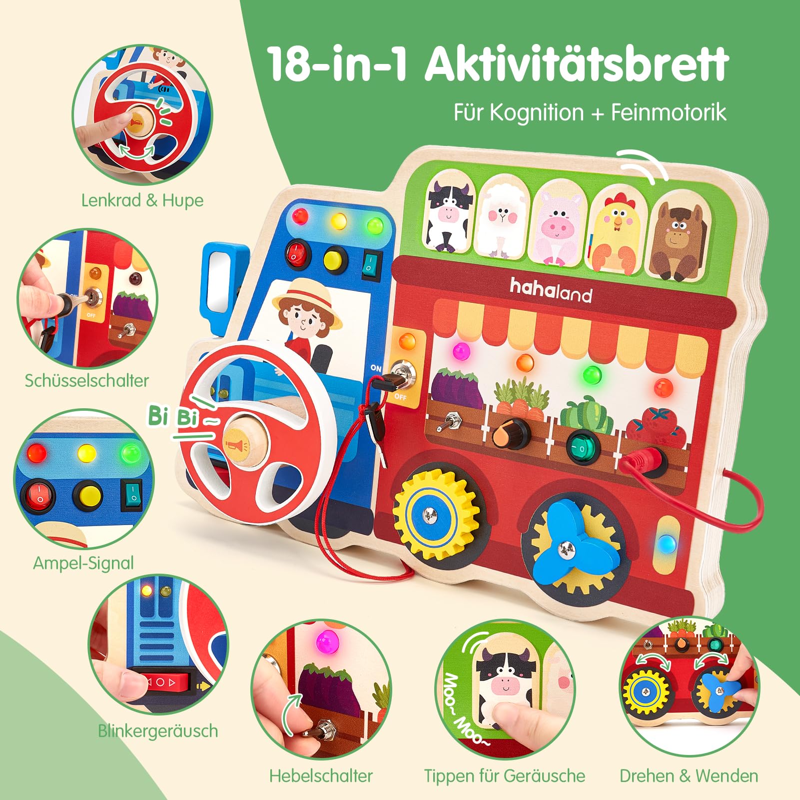 hahaland Baby Montessori Spielzeug Busy Board, Holz Activity Board mit 9 Schalter 11 LED, Tiere, Obst, Musik, Lenkrad, Motorikspielzeug Sensorik Lernspielzeug, Geschenk Jungen Mädch